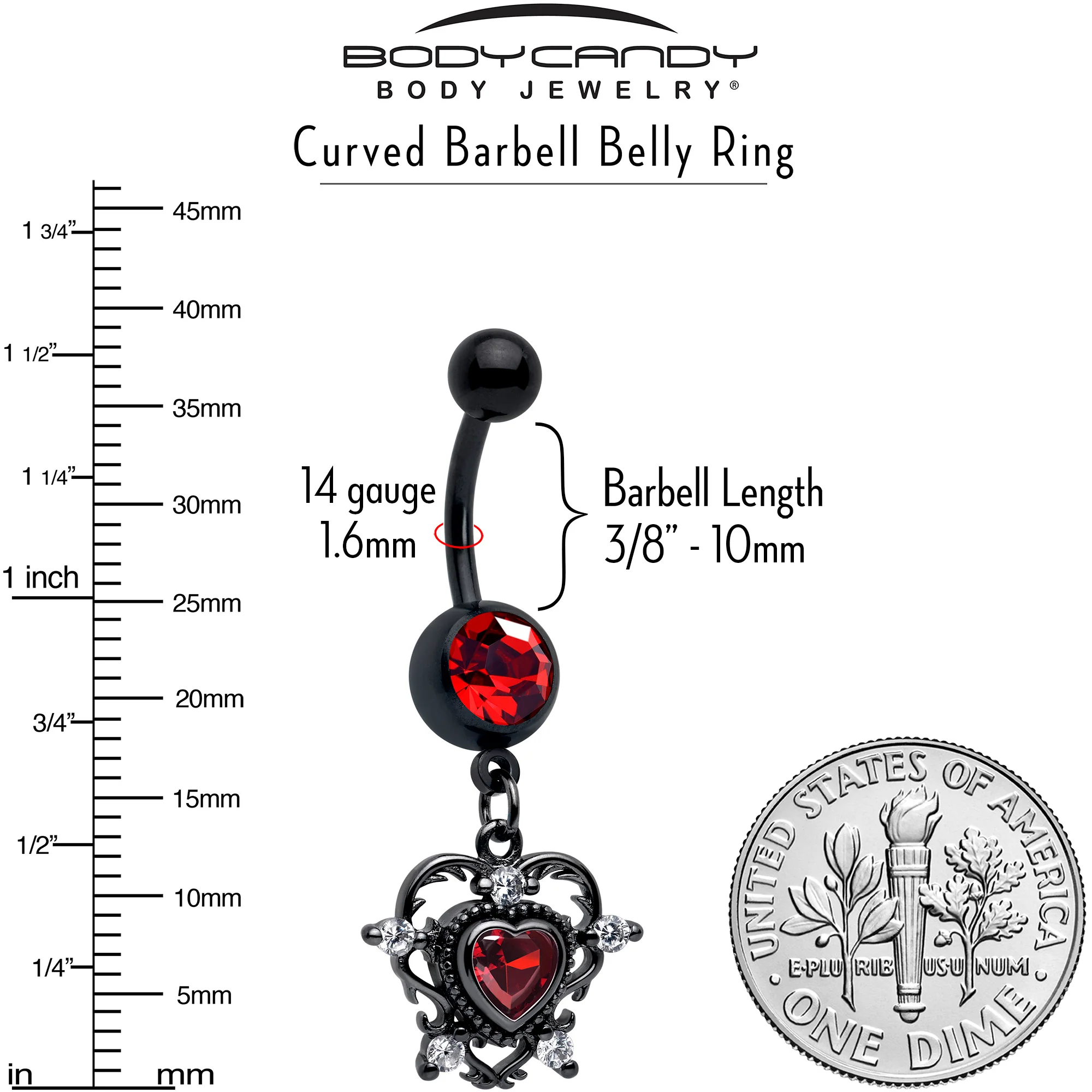 Red CZ Gem Black Double Heart Dangle Belly Ring - Image 3