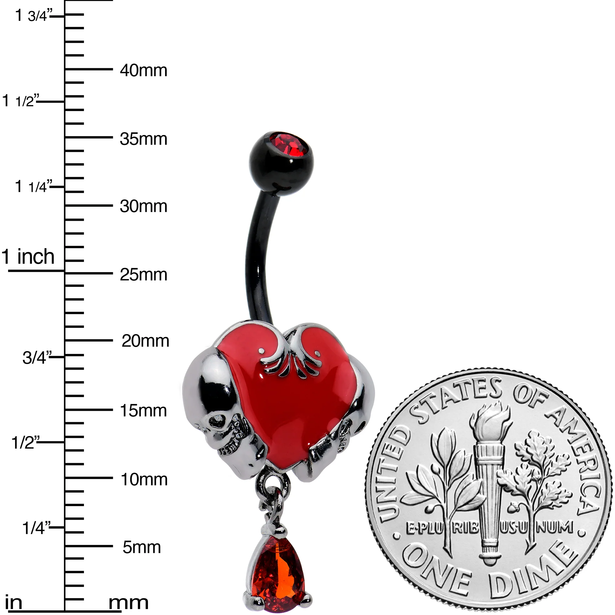 Red CZ Gem Black Double Skull Heart Dangle Belly Ring - Image 6