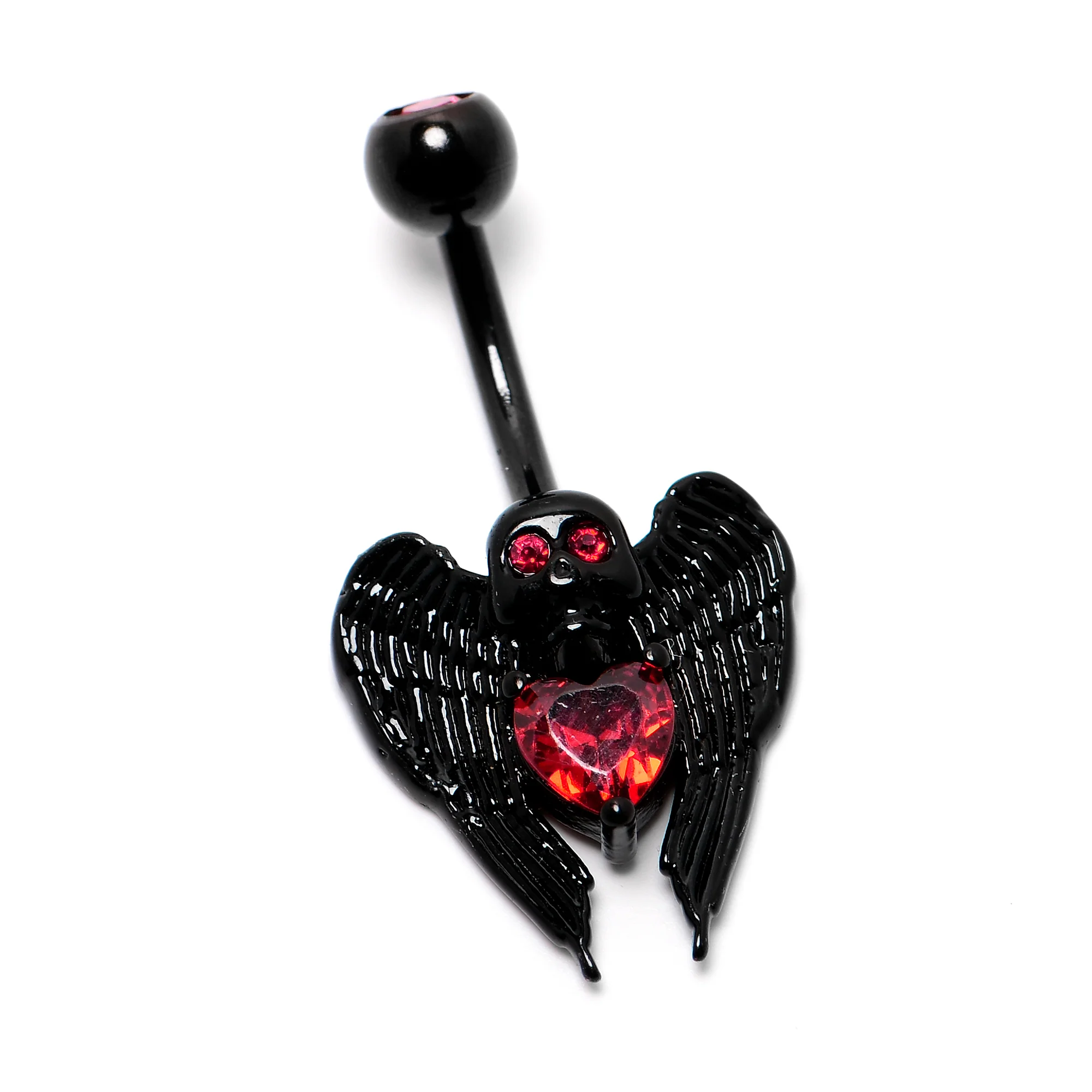 Red CZ Gem Black Heart Winged Skull Gothic Belly Ring - Image 6