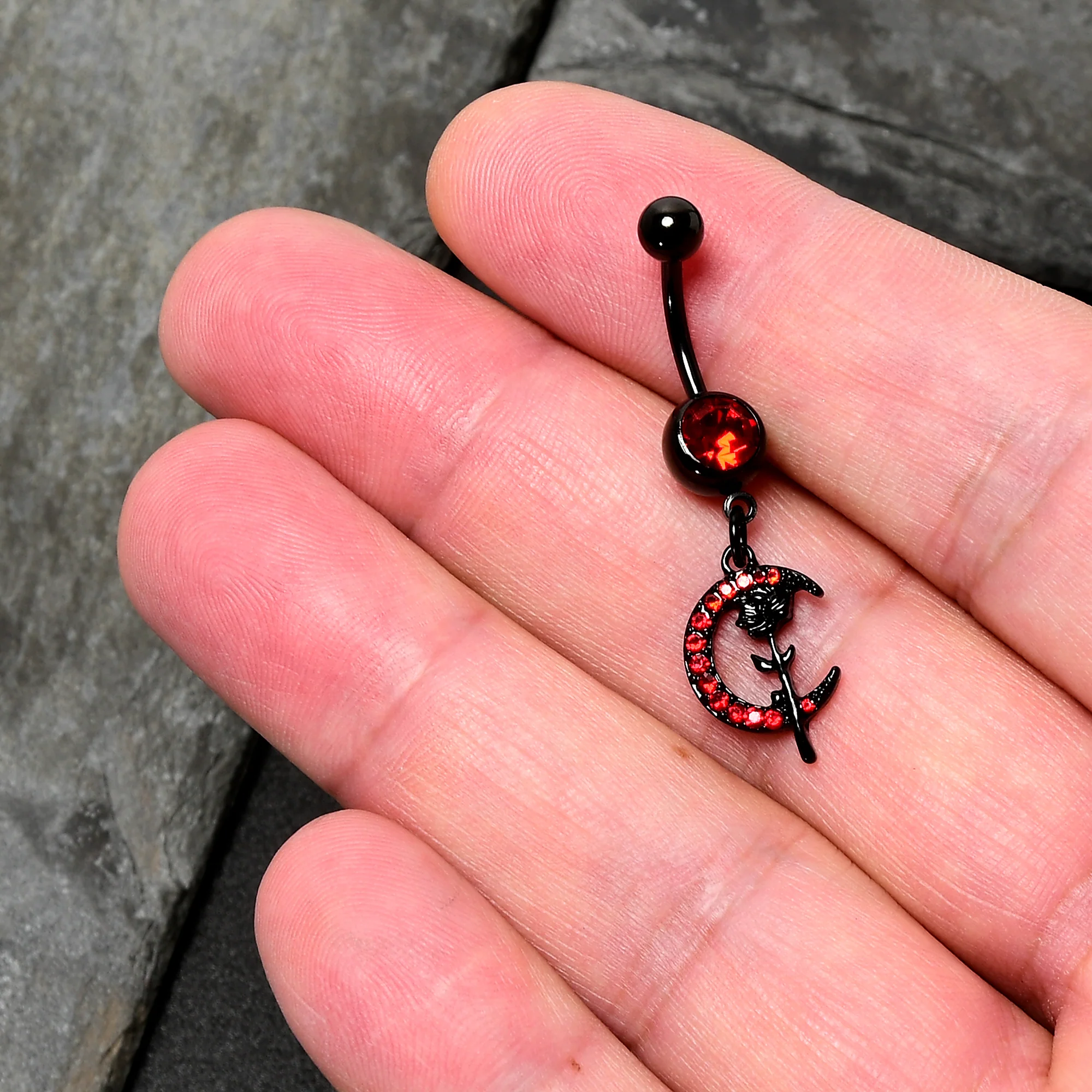 Red CZ Gem Black Moon Rose Flower Gothic Dangle Belly Ring - Image 2