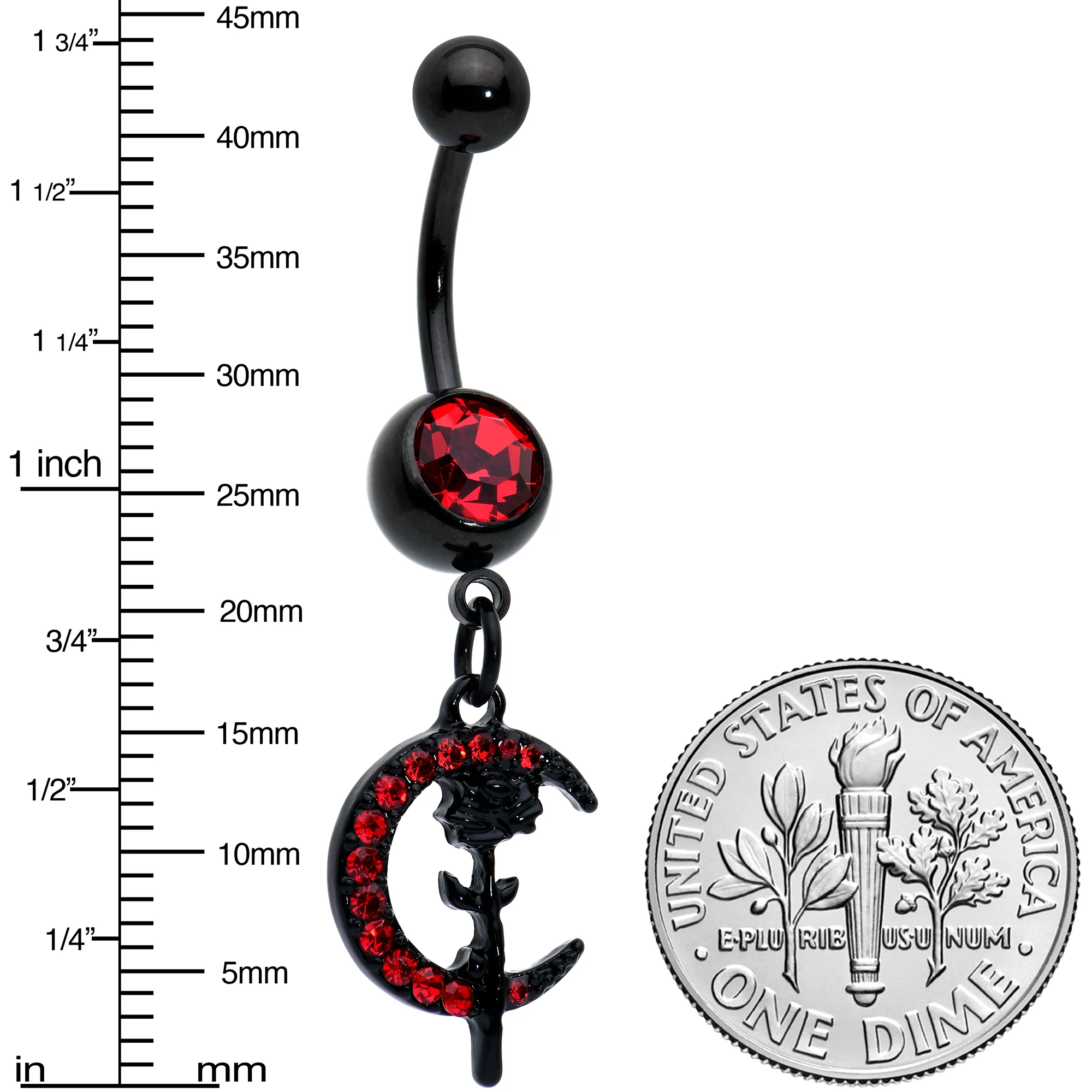 Red CZ Gem Black Moon Rose Flower Gothic Dangle Belly Ring - Image 4