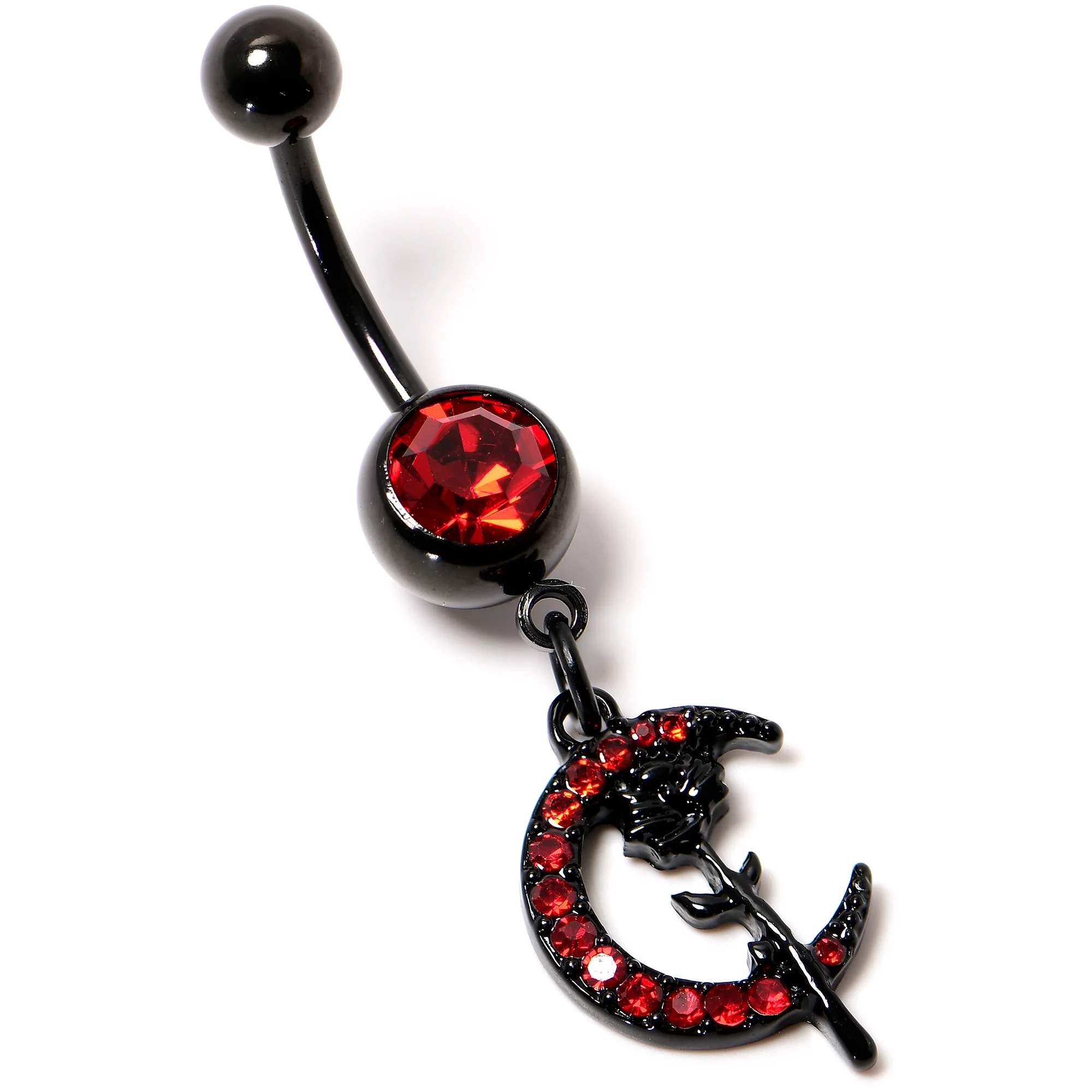 Red CZ Gem Black Moon Rose Flower Gothic Dangle Belly Ring - Image 5