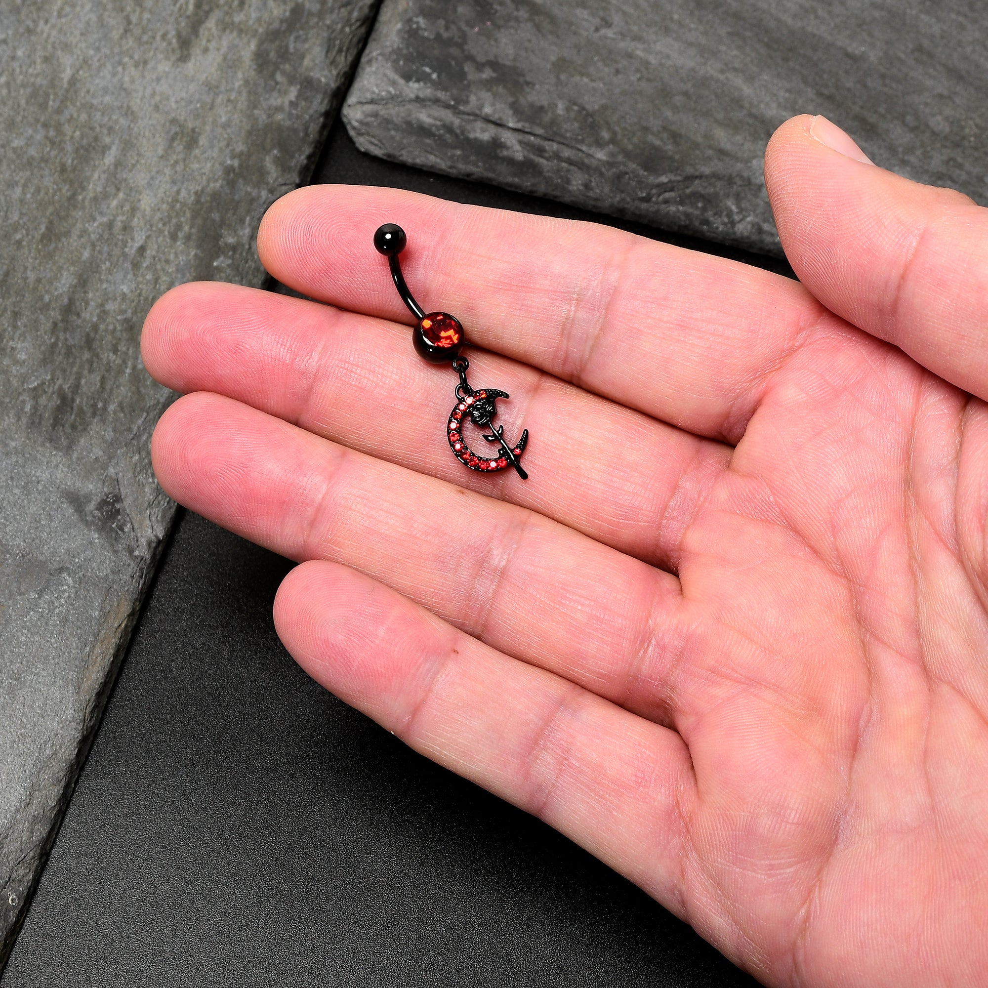 Red CZ Gem Black Moon Rose Flower Gothic Dangle Belly Ring - Image 7