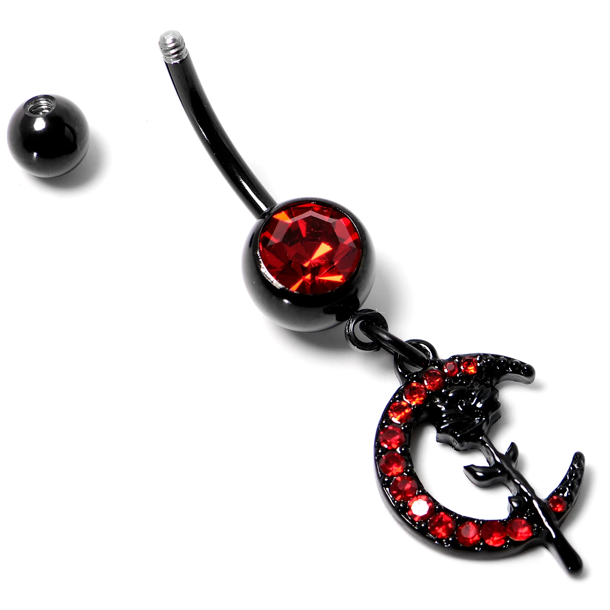 Red CZ Gem Black Moon Rose Flower Gothic Dangle Belly Ring - Image 8