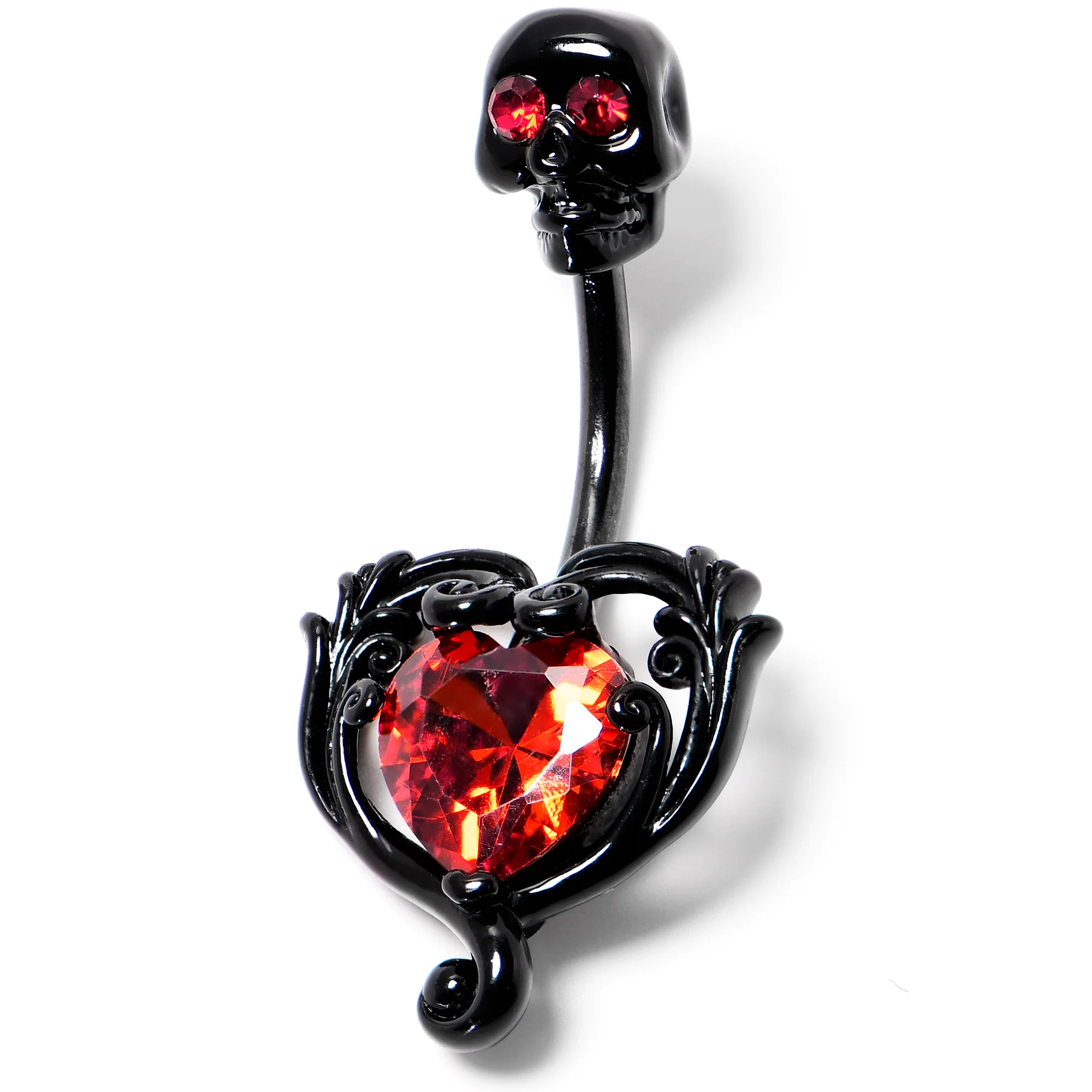 Red CZ Gem Black Passion Heart Skull Double Mount Belly Ring - Image 6