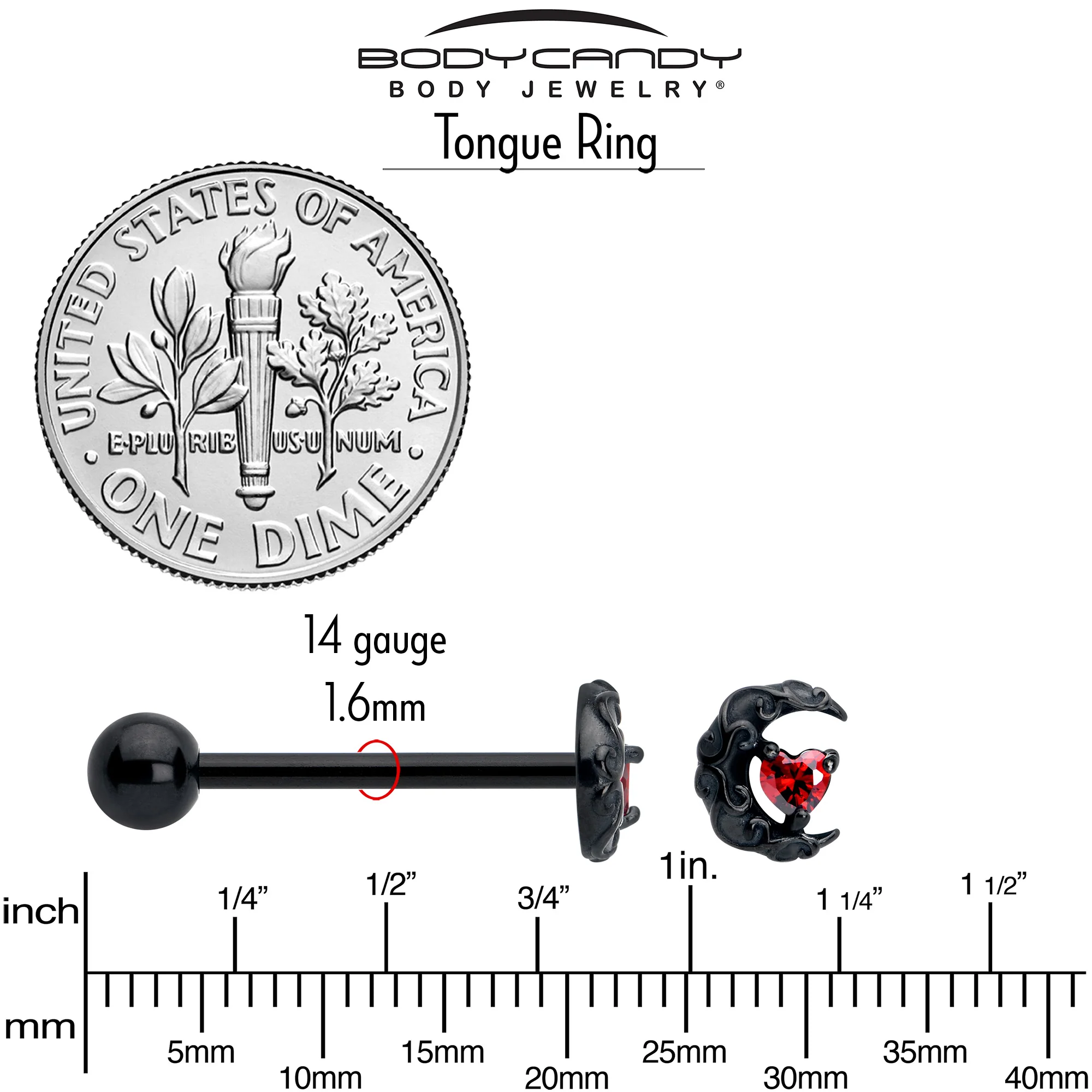 Red CZ Gem Black Scroll Moon Heart Barbell Tongue Ring - Image 5