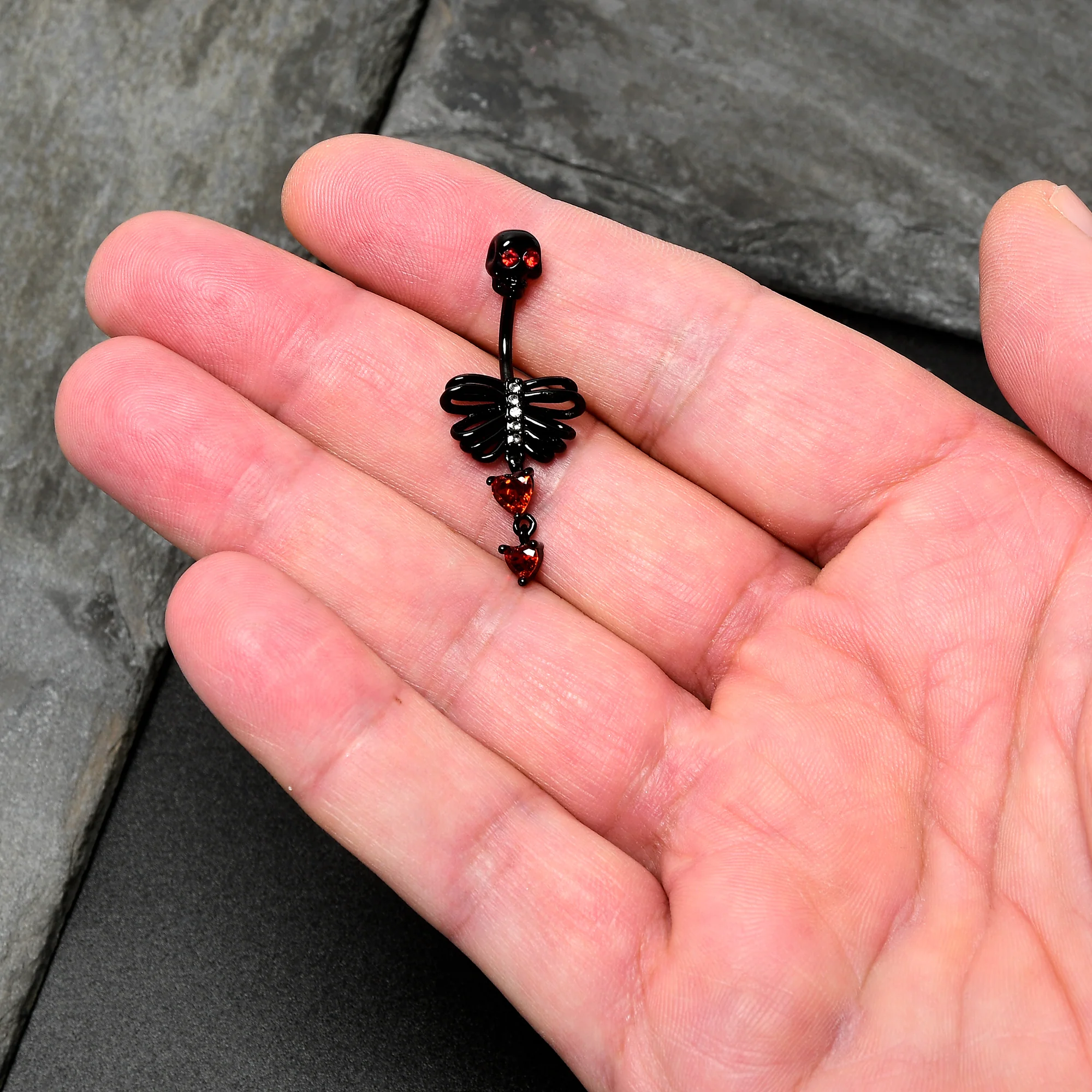 Red CZ Gem Black Skeleton Hearts Gothic Dangle Belly Ring - Image 2