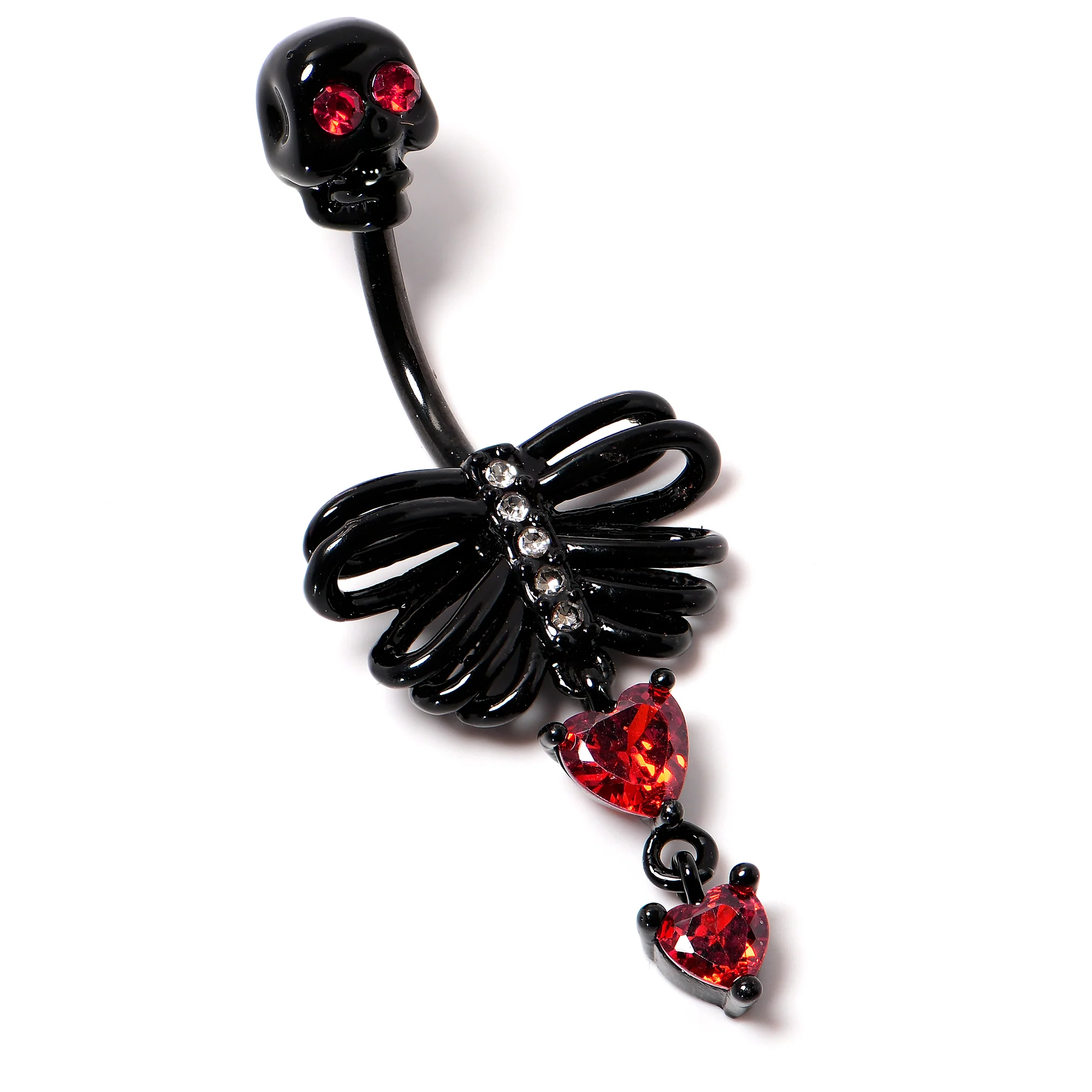 Red CZ Gem Black Skeleton Hearts Gothic Dangle Belly Ring - Image 3