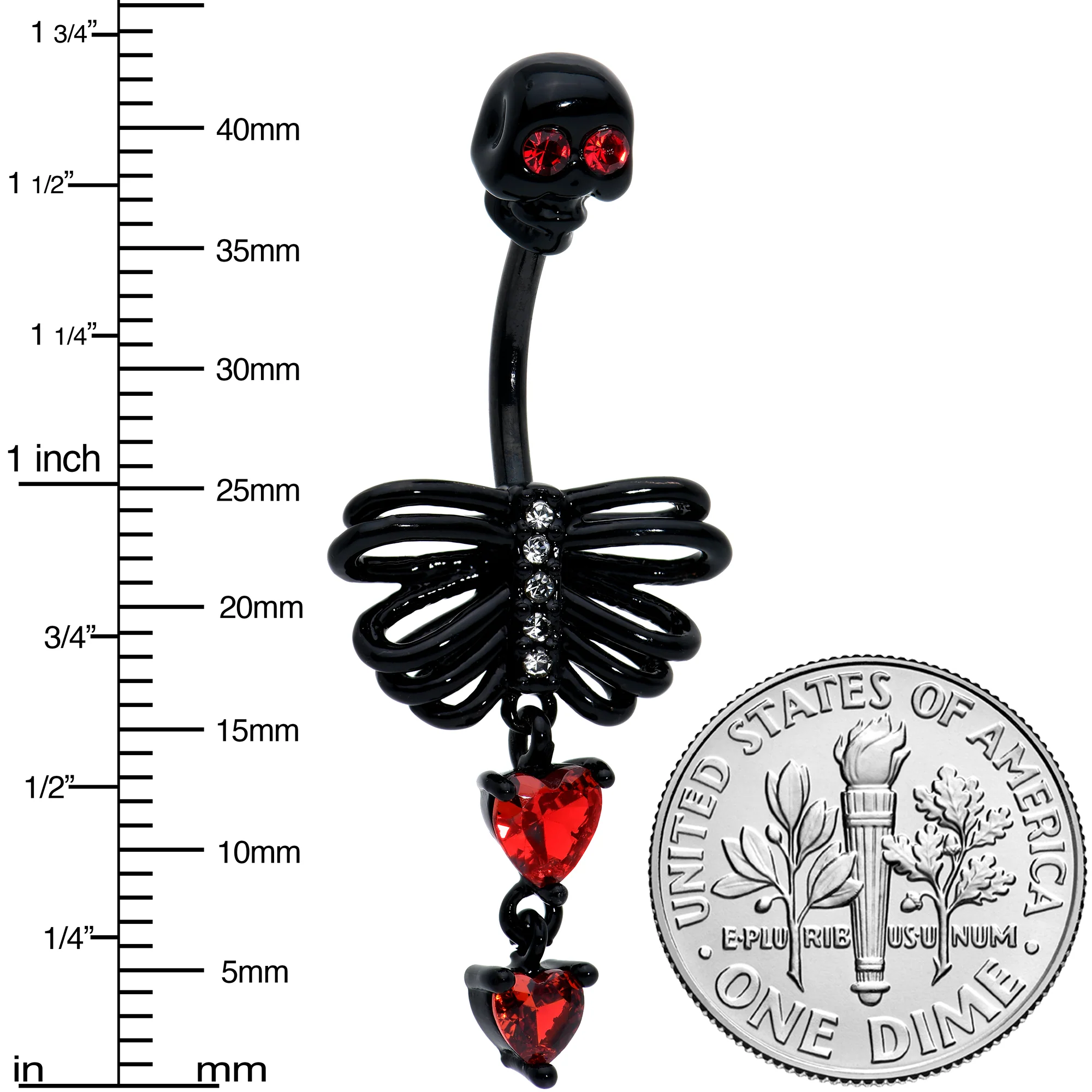 Red CZ Gem Black Skeleton Hearts Gothic Dangle Belly Ring - Image 4