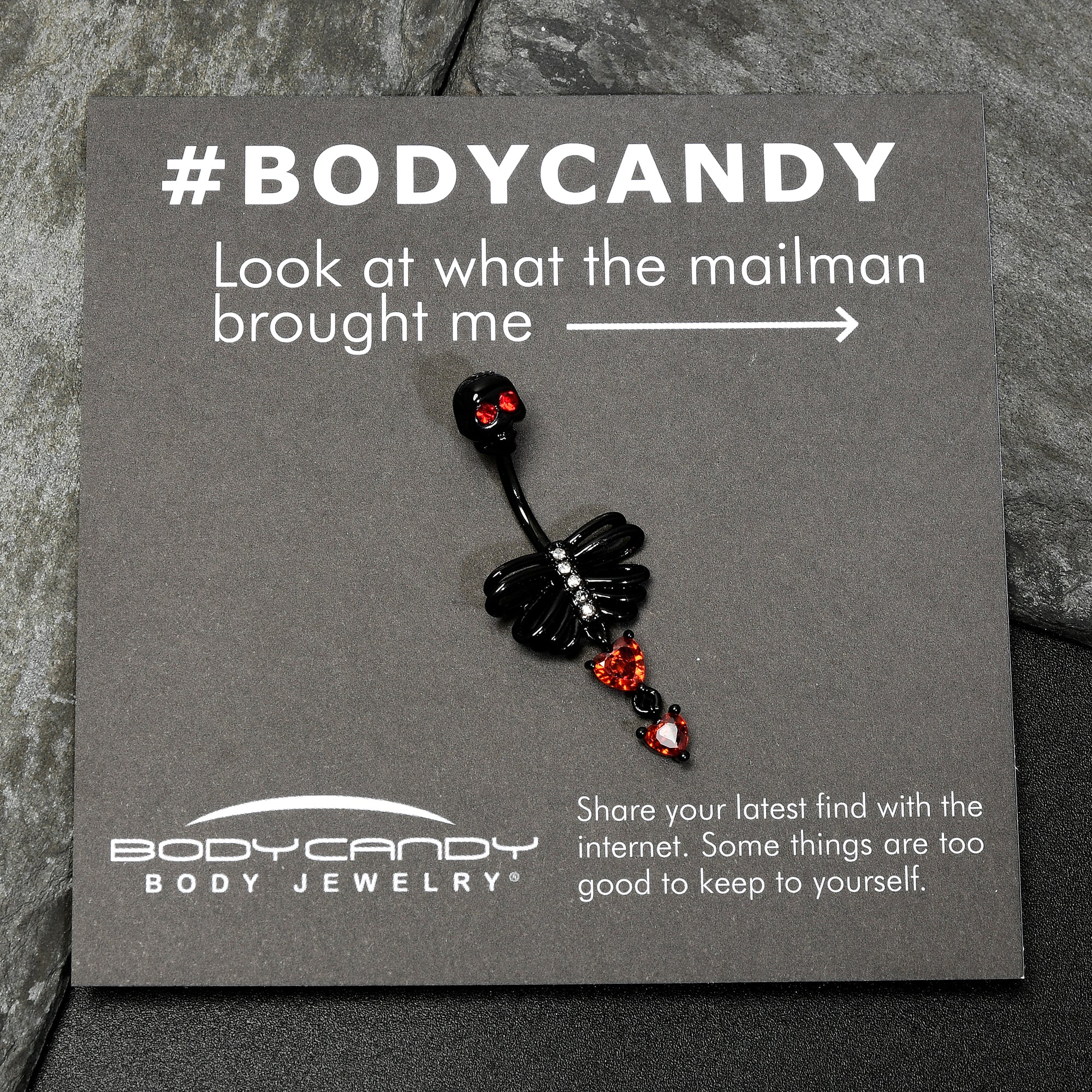 Red CZ Gem Black Skeleton Hearts Gothic Dangle Belly Ring - Image 5