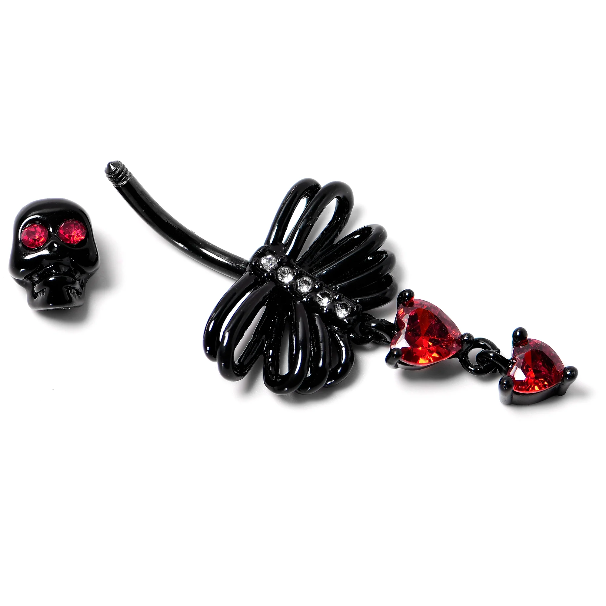 Red CZ Gem Black Skeleton Hearts Gothic Dangle Belly Ring - Image 6