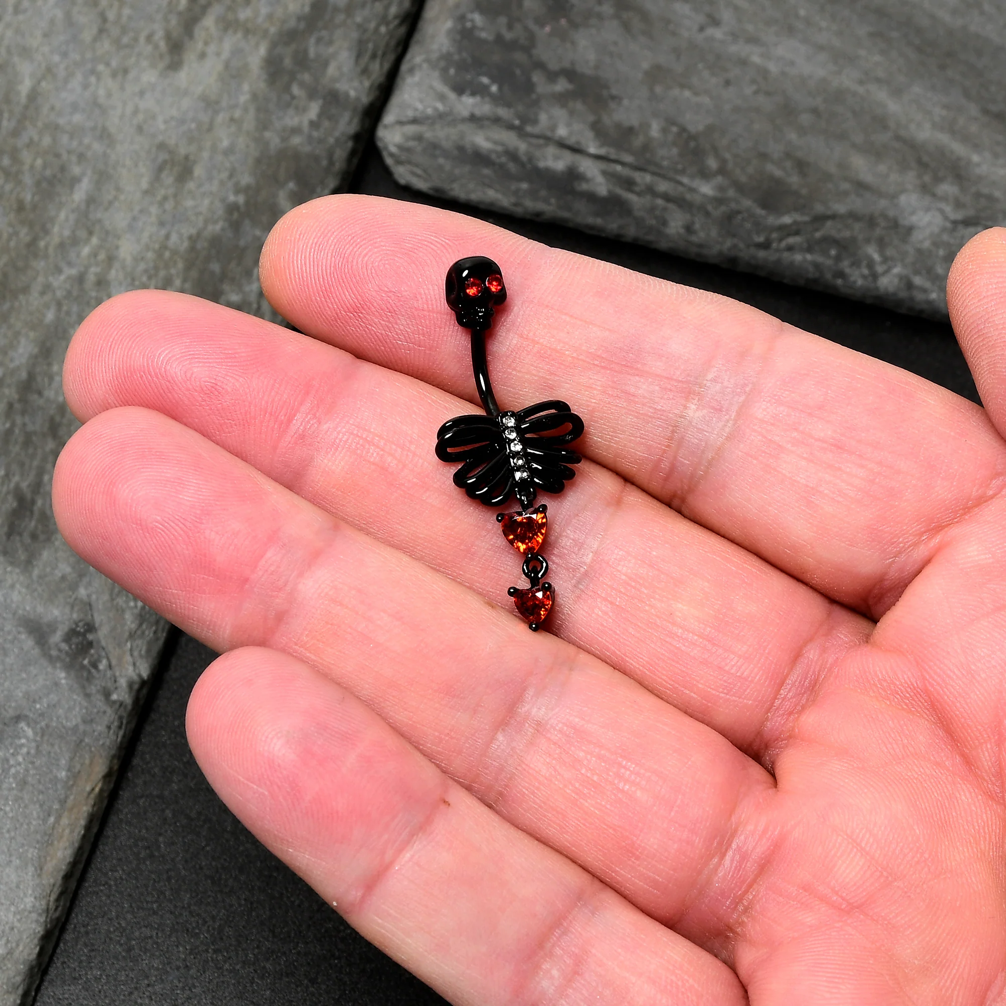 Red CZ Gem Black Skeleton Hearts Gothic Dangle Belly Ring - Image 7