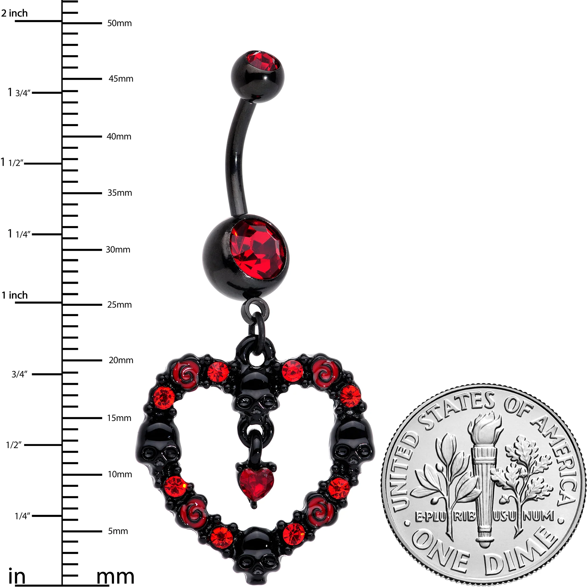 Red CZ Gem Black Skull Heart Halloween Dangle Belly Ring - Image 2