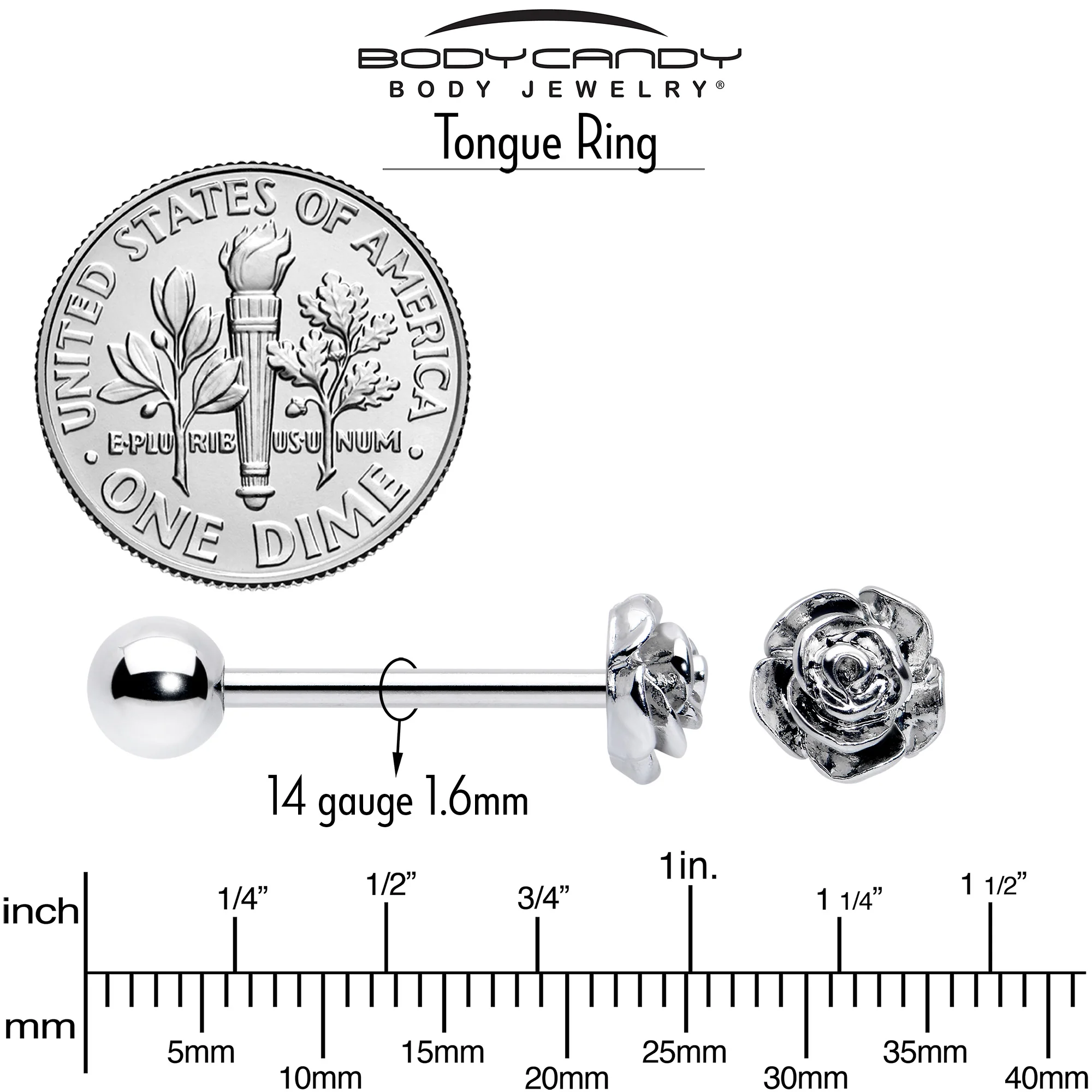 Red CZ Gem Flower Sandblasted Barbell Tongue Ring Set of 4 - Image 6