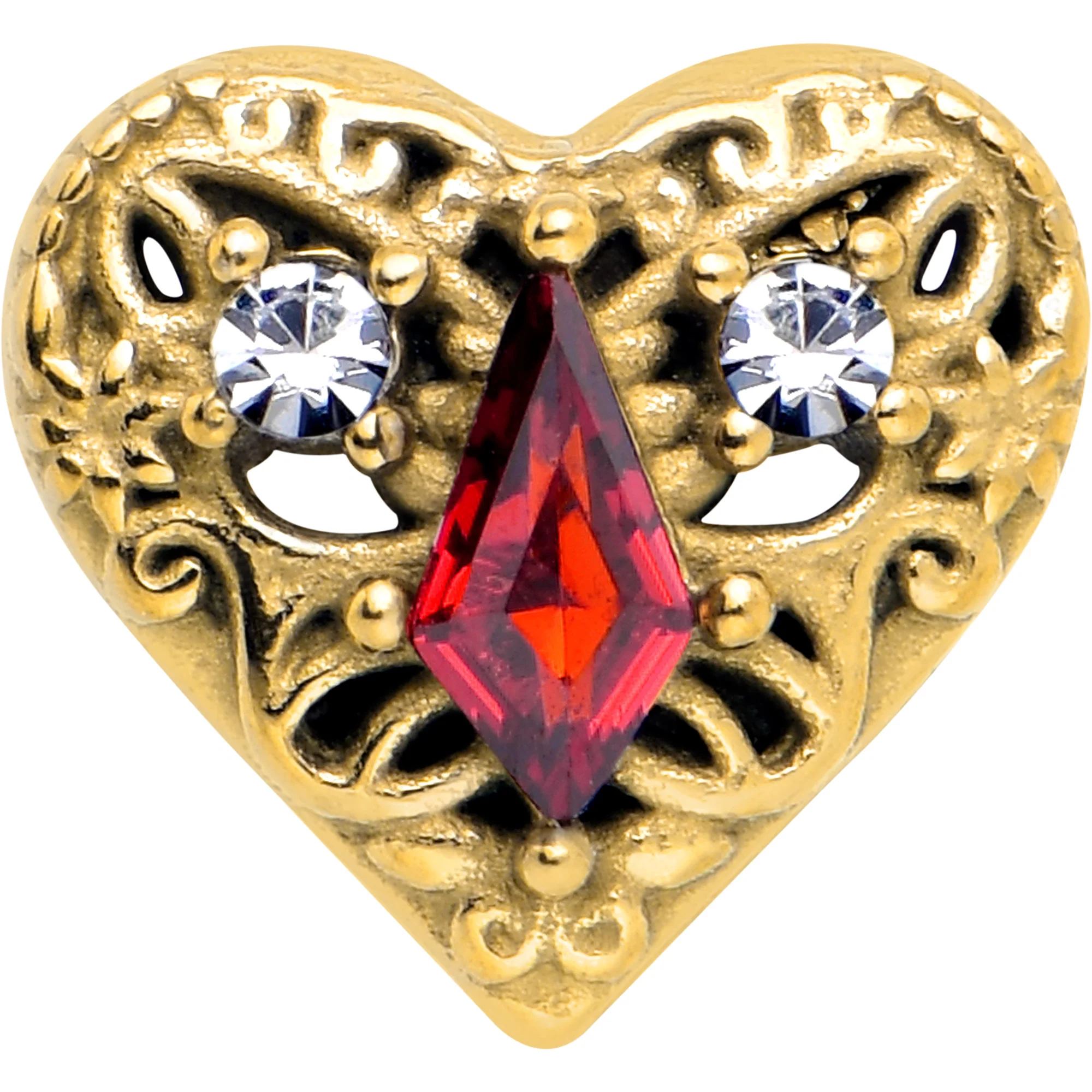 Red CZ Gem Gold Tone Heart Queen Barbell Tongue Ring - Image 3
