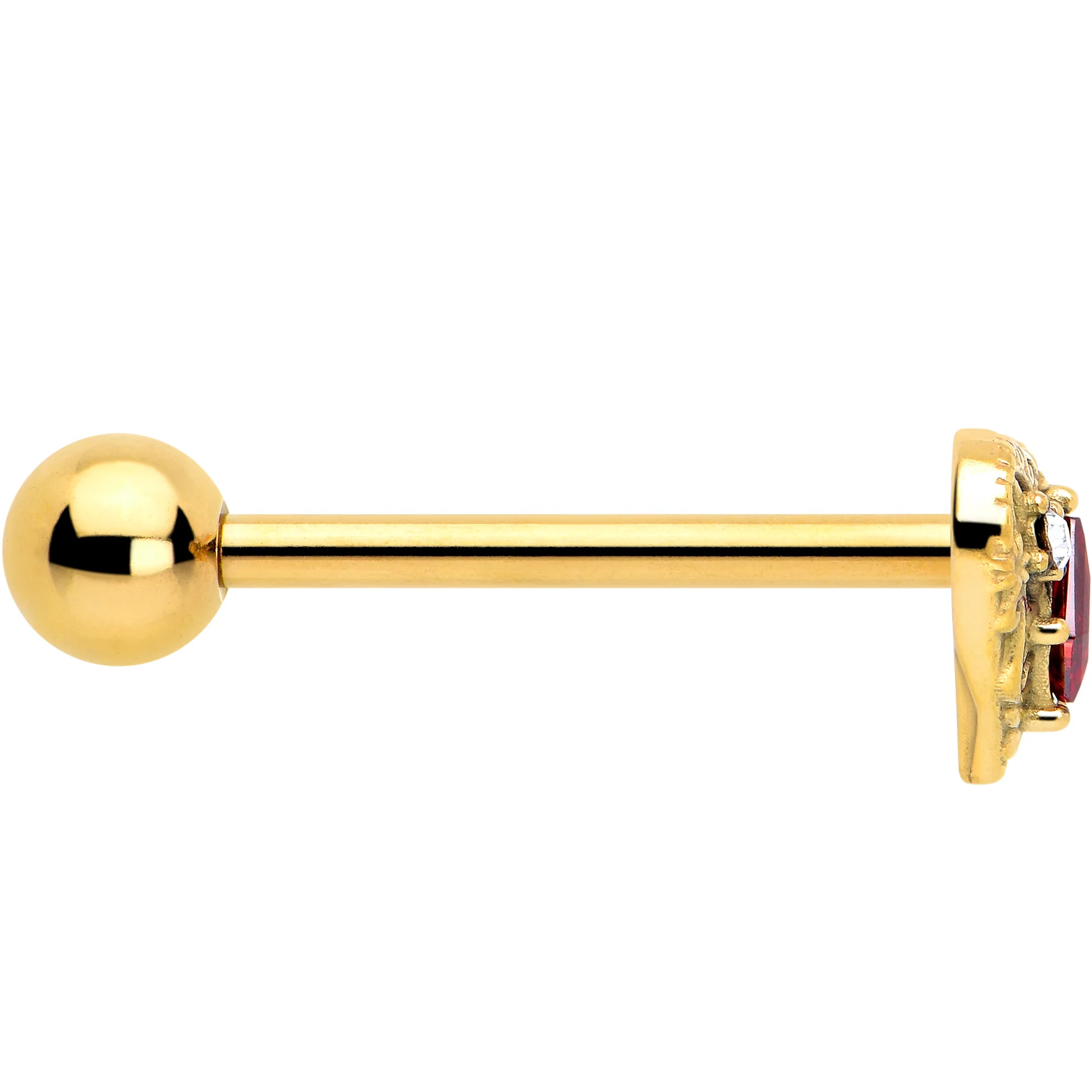 Red CZ Gem Gold Tone Heart Queen Barbell Tongue Ring - Image 4
