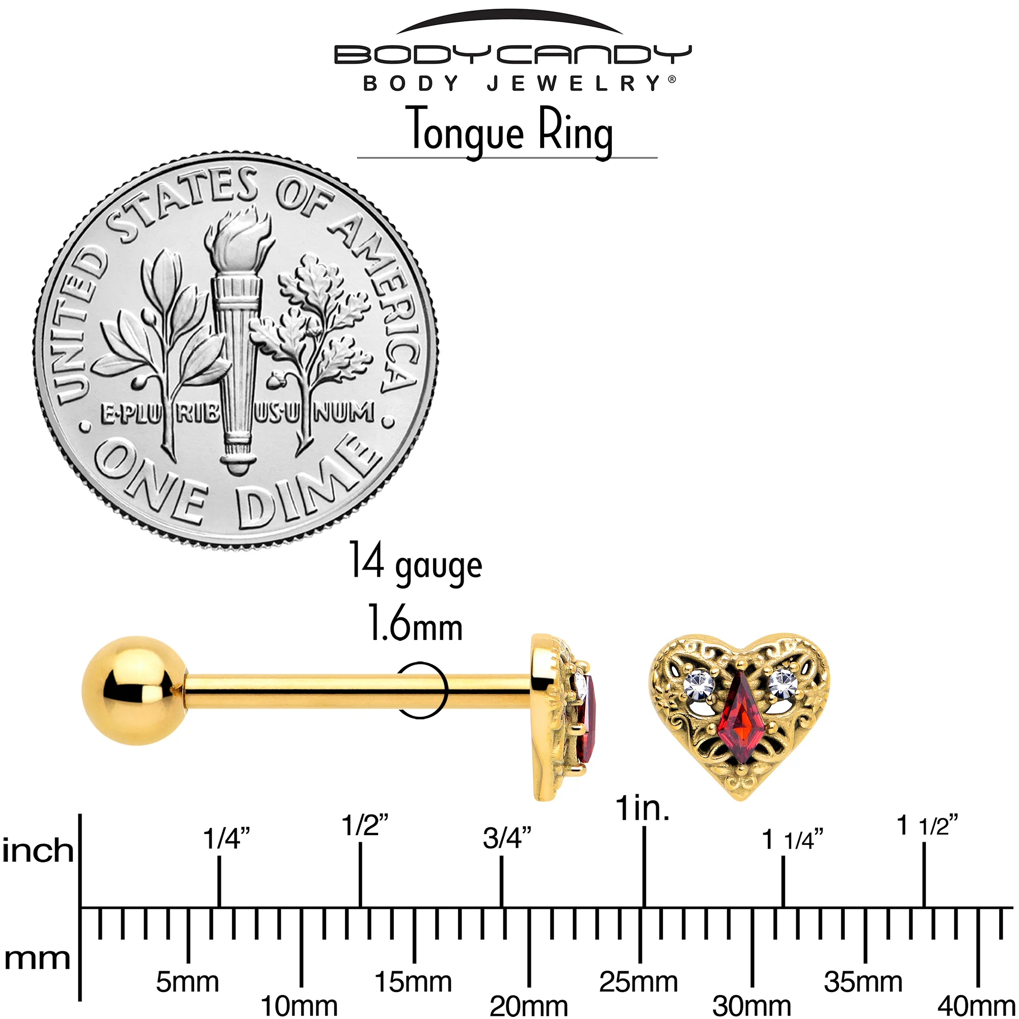 Red CZ Gem Gold Tone Heart Queen Barbell Tongue Ring - Image 5