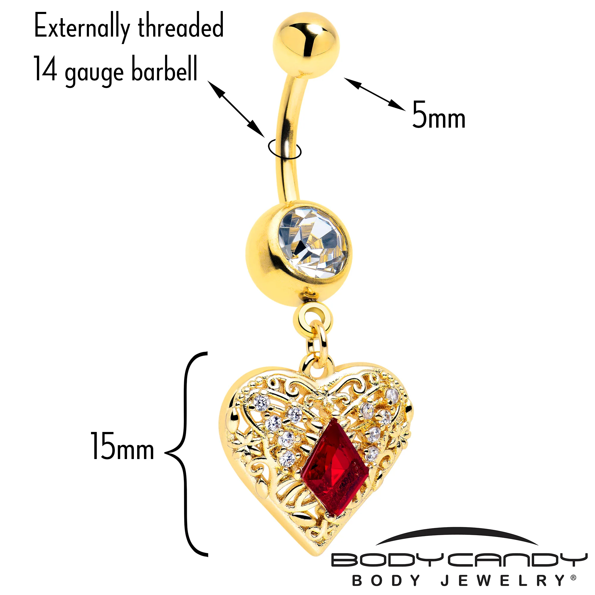 Red CZ Gem Gold Tone Heart Queen Dangle Belly Ring - Image 2