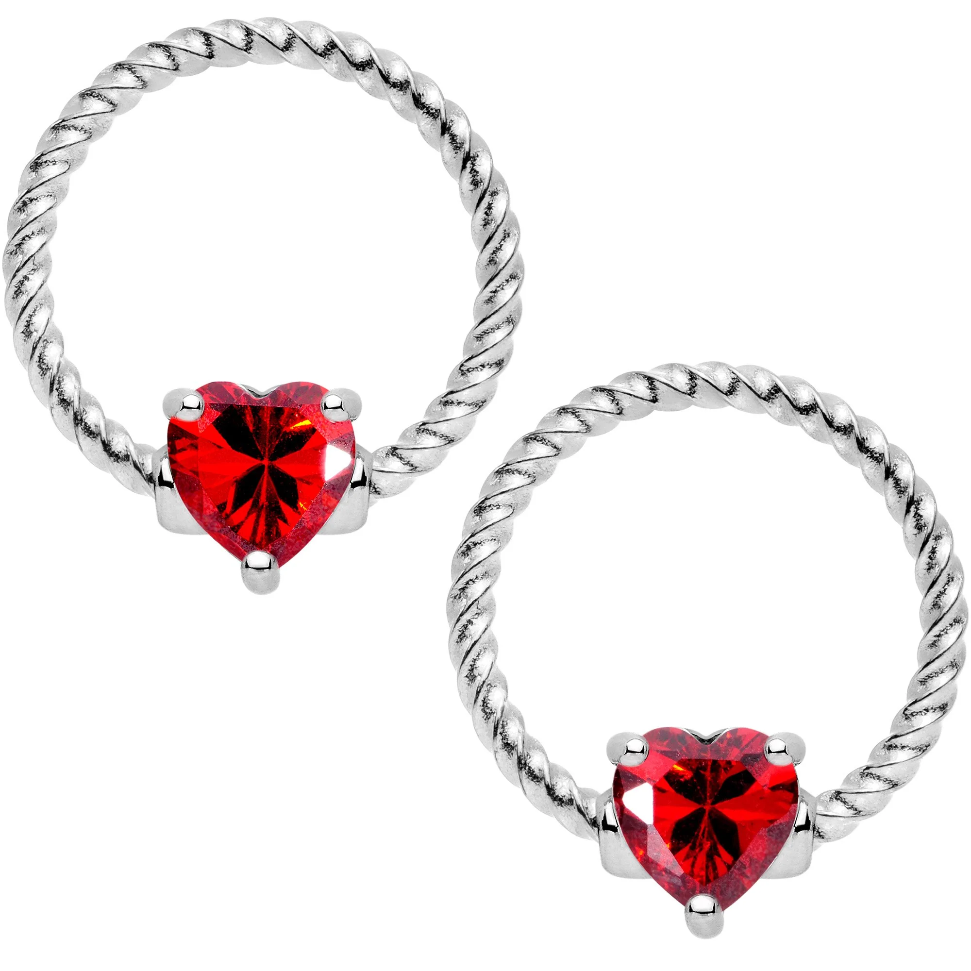 14G Red CZ Gem Heart Twisted Captive Ring Barbell Nipple Ring Set - Image 3