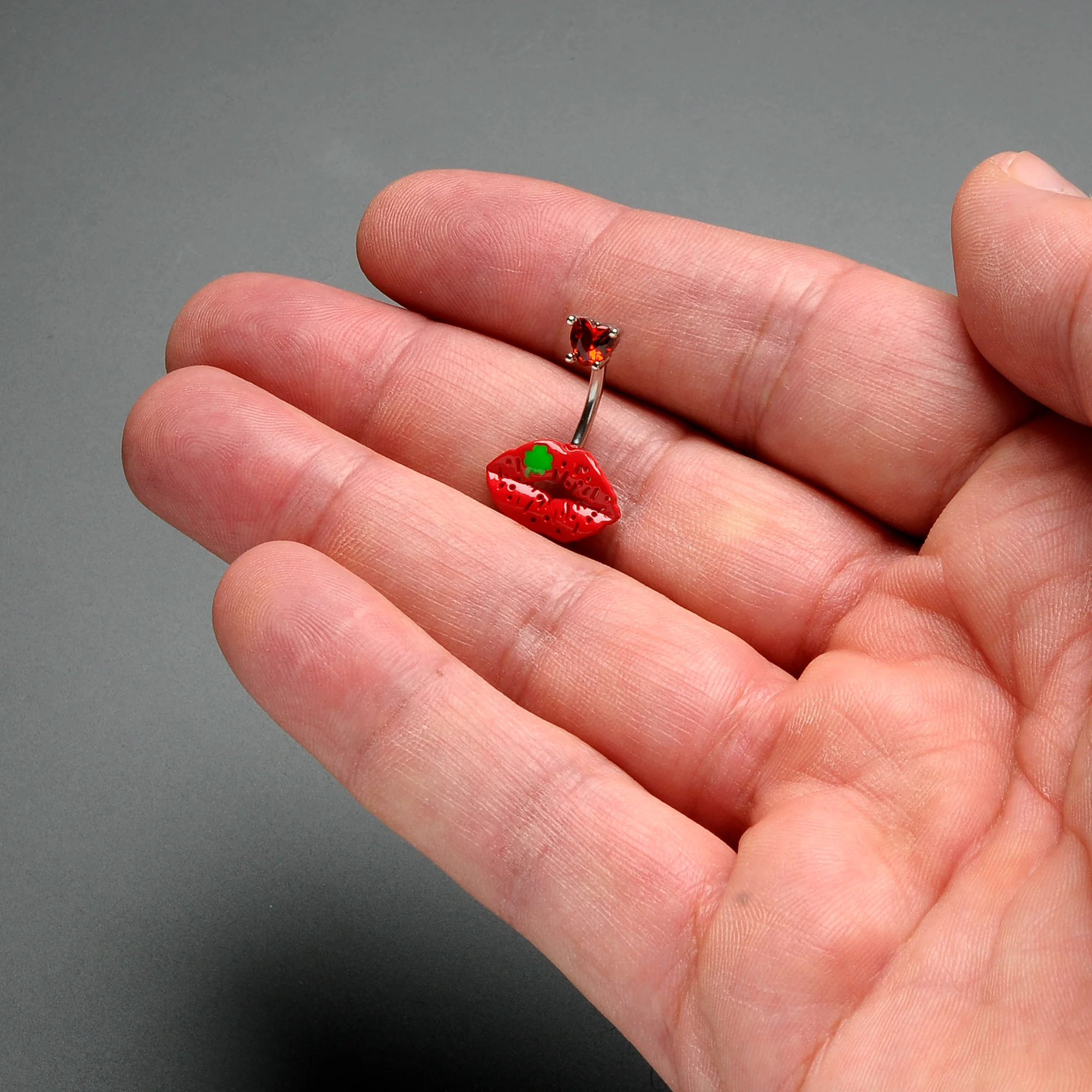 Red CZ Gem Lucky Lips St Patrick's Double Mount Belly Ring - Image 6