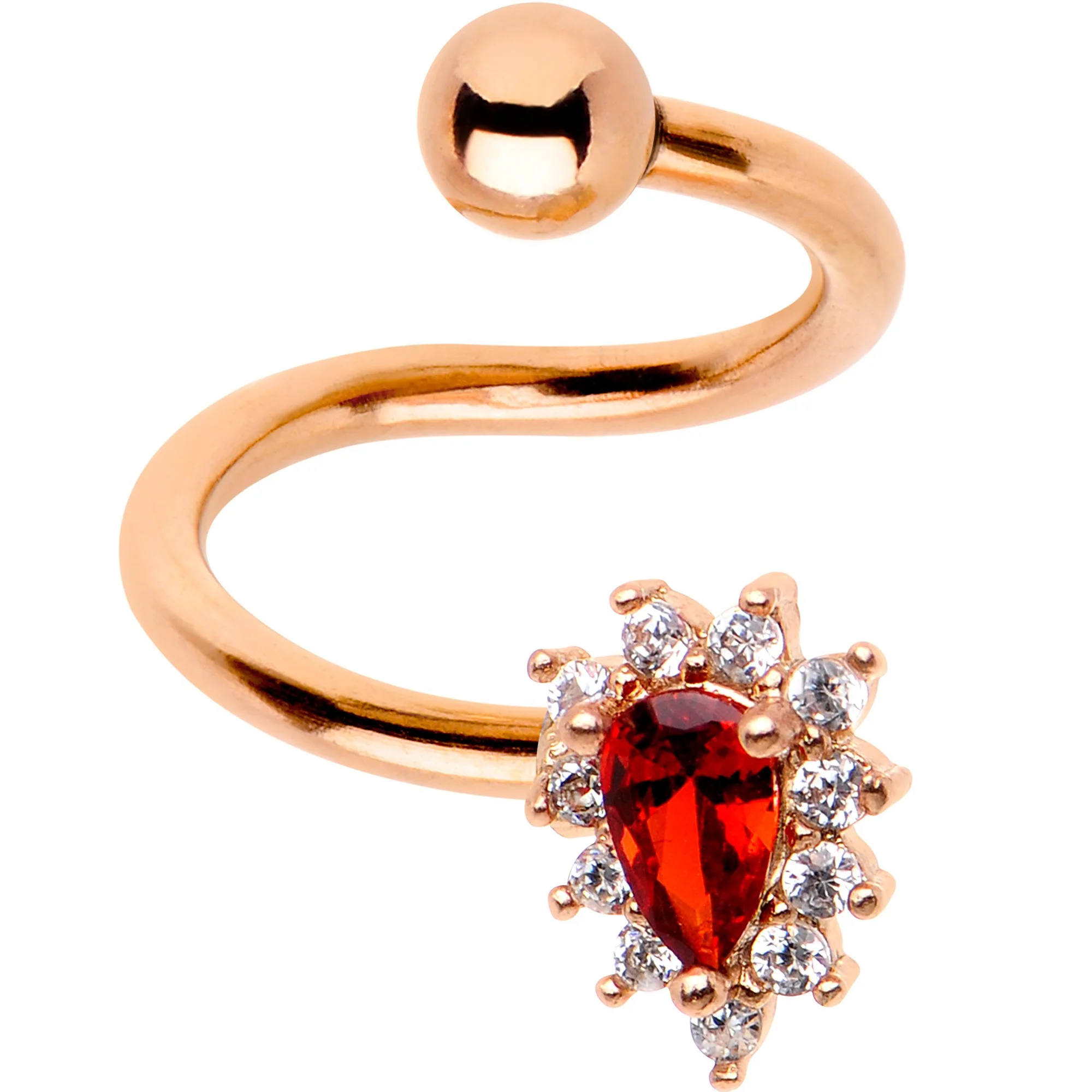 Red CZ Gem Rose Gold PVD Teardrop Spiral Twister Top Mount Belly Ring - Image 2