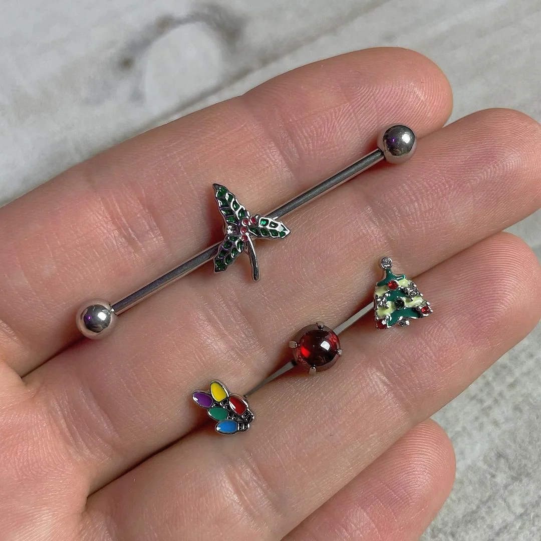 Red CZ Gem Smooth Hemisphere Barbell Tongue Ring - Image 3