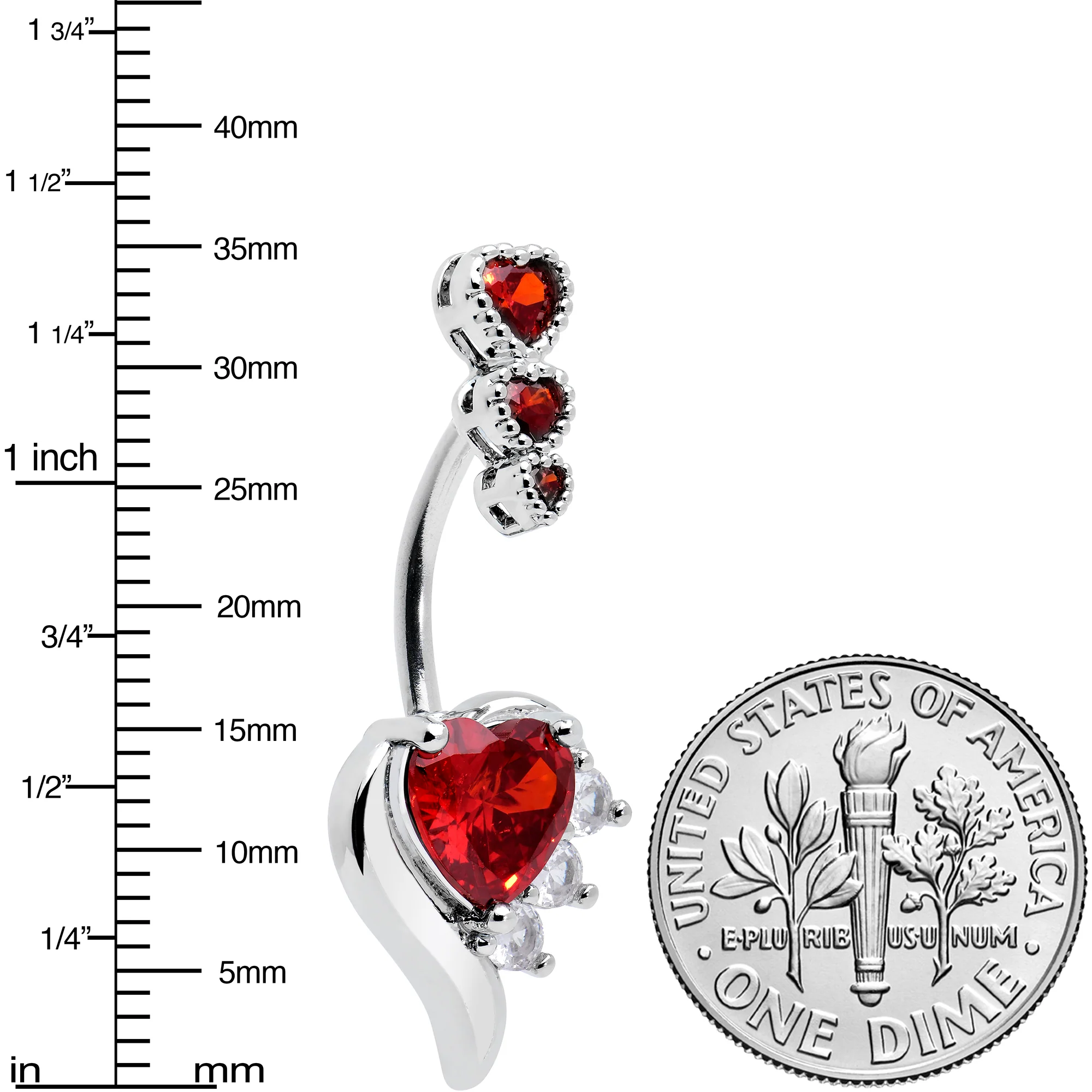 Red CZ Gem Triple Drop Flare Heart Valentine Double Mount Belly Ring - Image 3