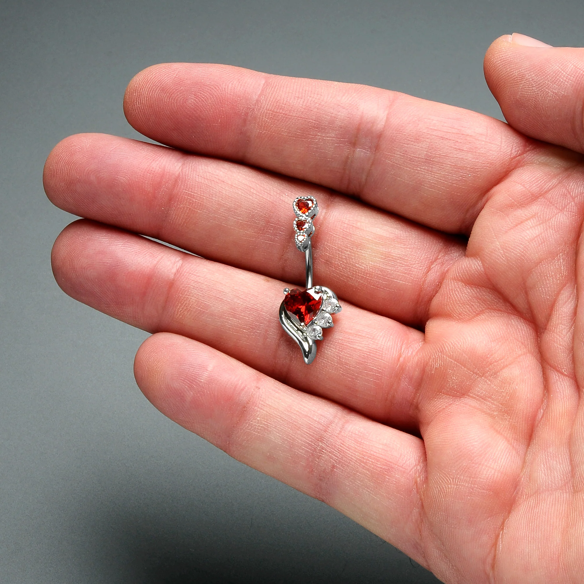 Red CZ Gem Triple Drop Flare Heart Valentine Double Mount Belly Ring - Image 6