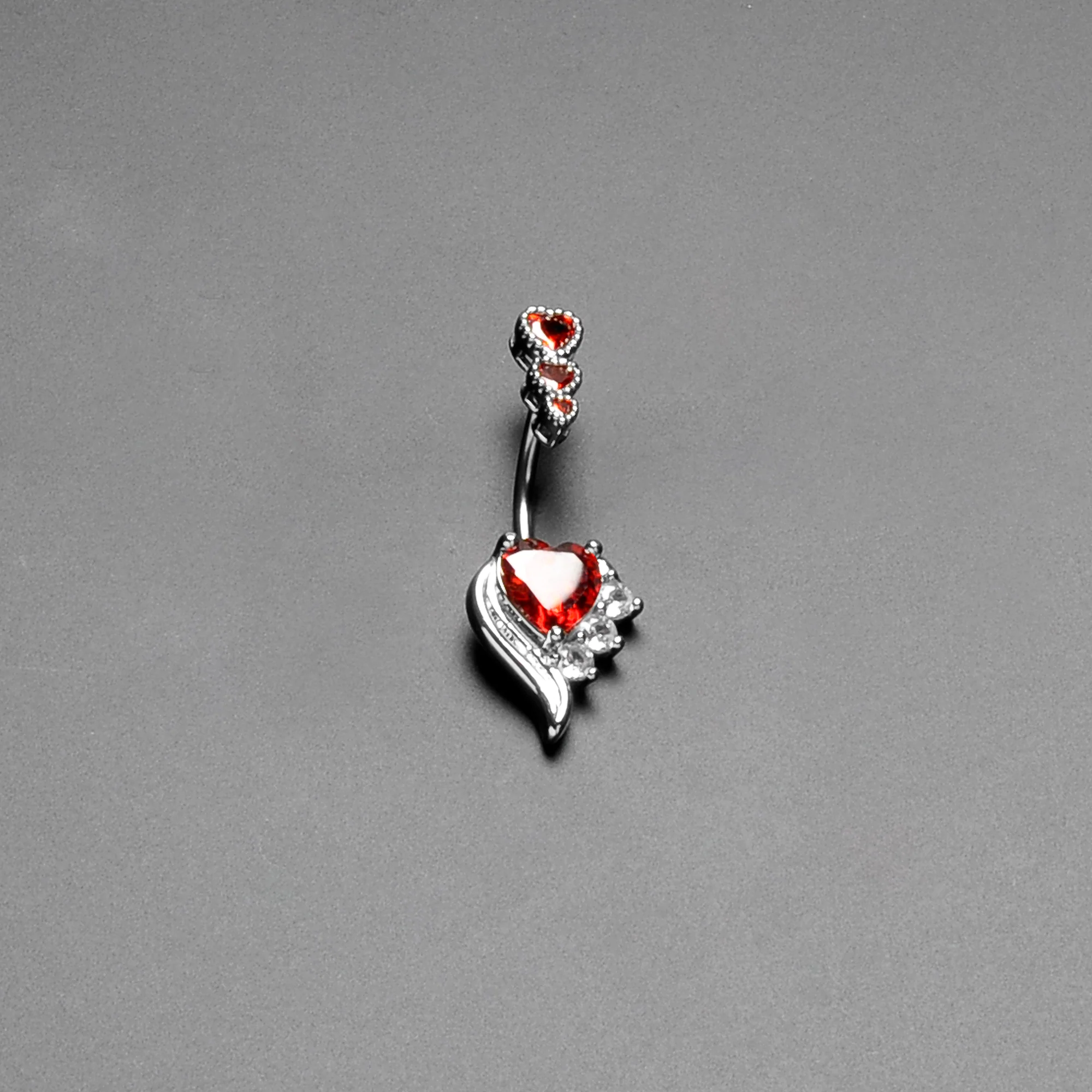 Red CZ Gem Triple Drop Flare Heart Valentine Double Mount Belly Ring - Image 7