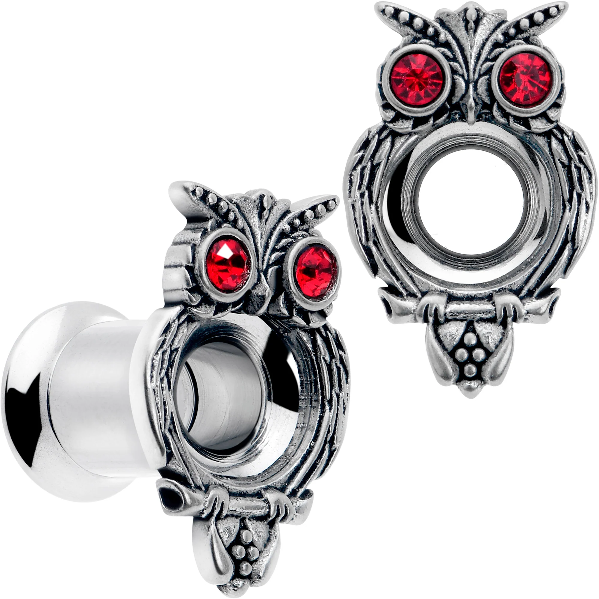 Red CZ Gem Wise Owl Screw Fit Tunnel Plug Set Available Sizes 6mm to 16mm - Image 8