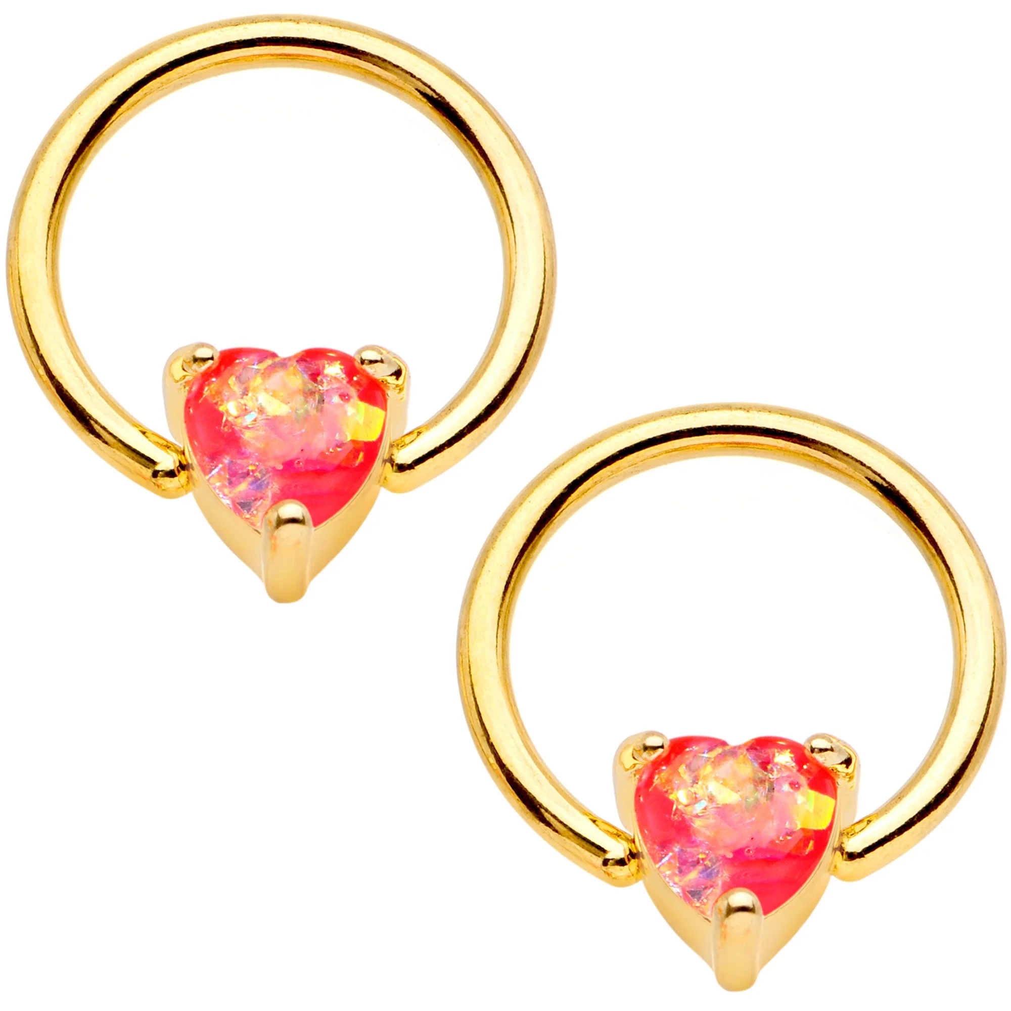 14G Coral Pink Faux Opal Heart BCR Ring Barbell Nipple Ring Set - Image 2