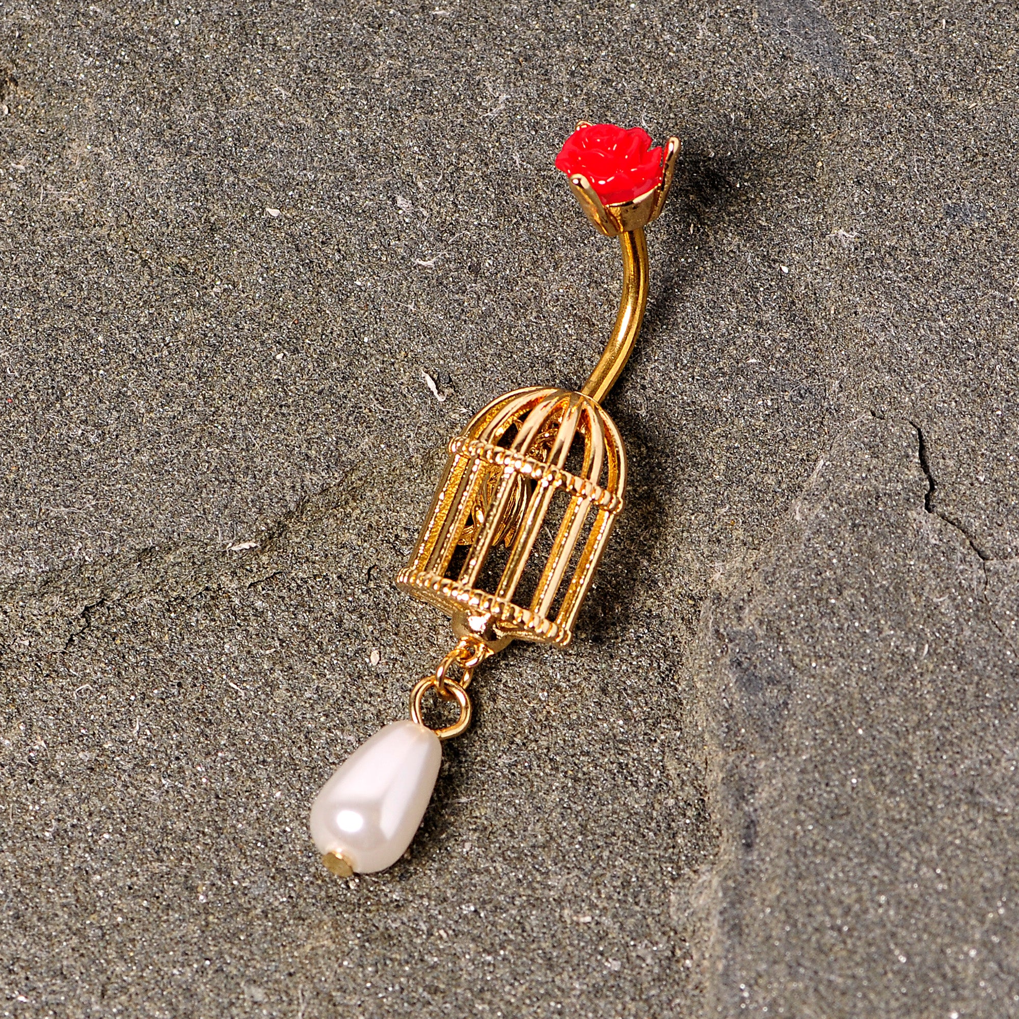 Red Flower Gold Tone Birdcage Dangle Belly Ring - Image 3