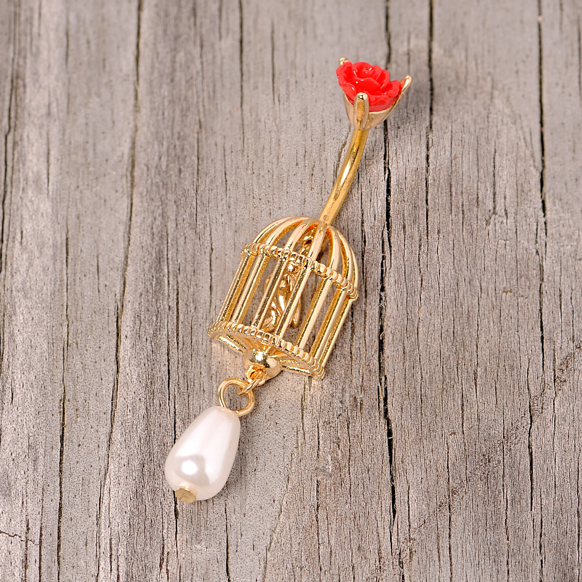 Red Flower Gold Tone Birdcage Dangle Belly Ring - Image 4