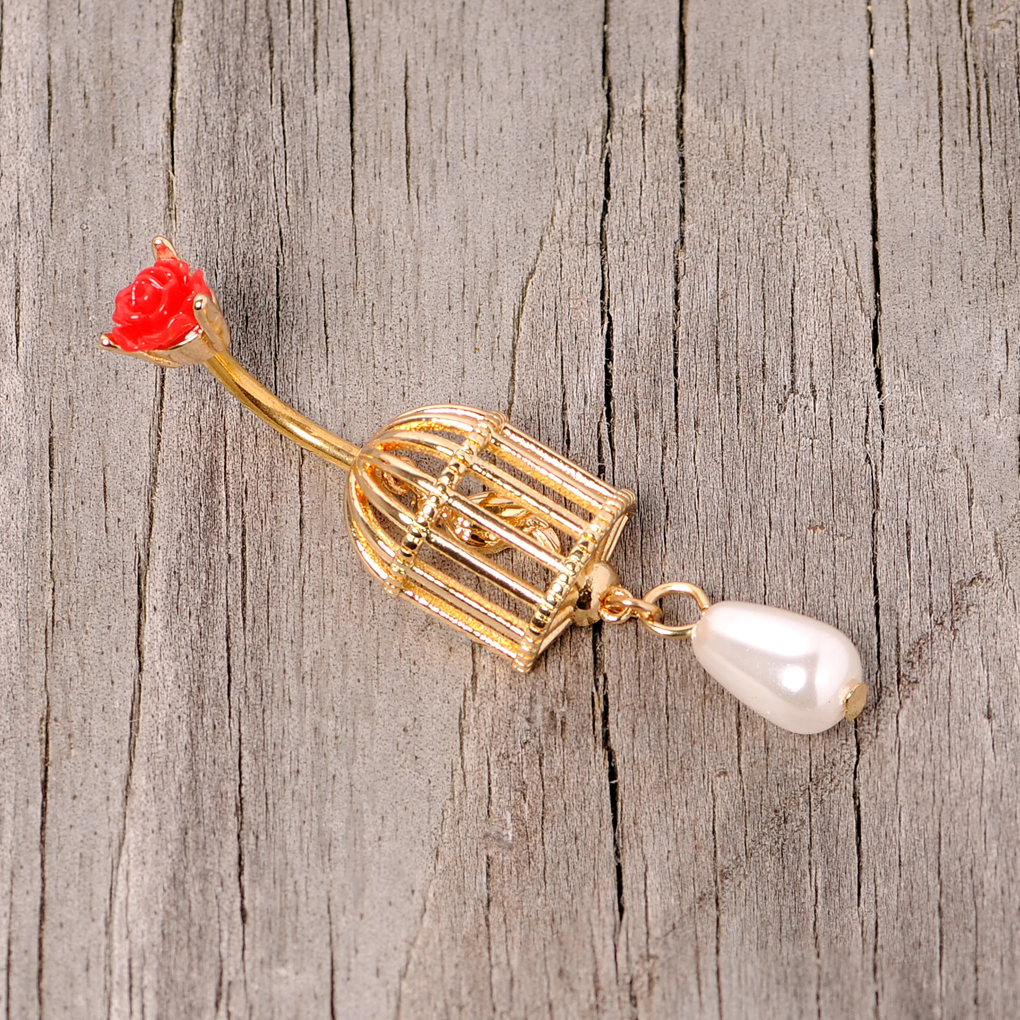 Red Flower Gold Tone Birdcage Dangle Belly Ring - Image 5