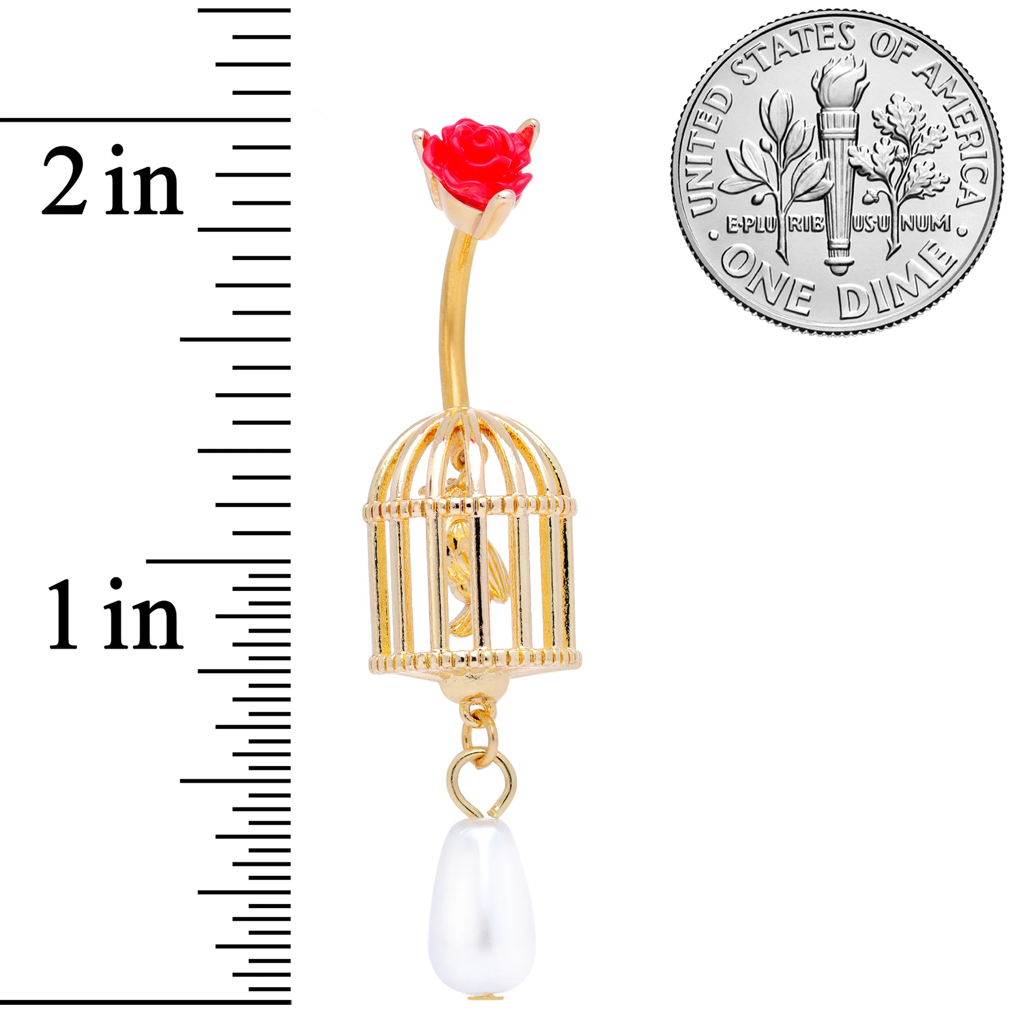 Red Flower Gold Tone Birdcage Dangle Belly Ring - Image 6