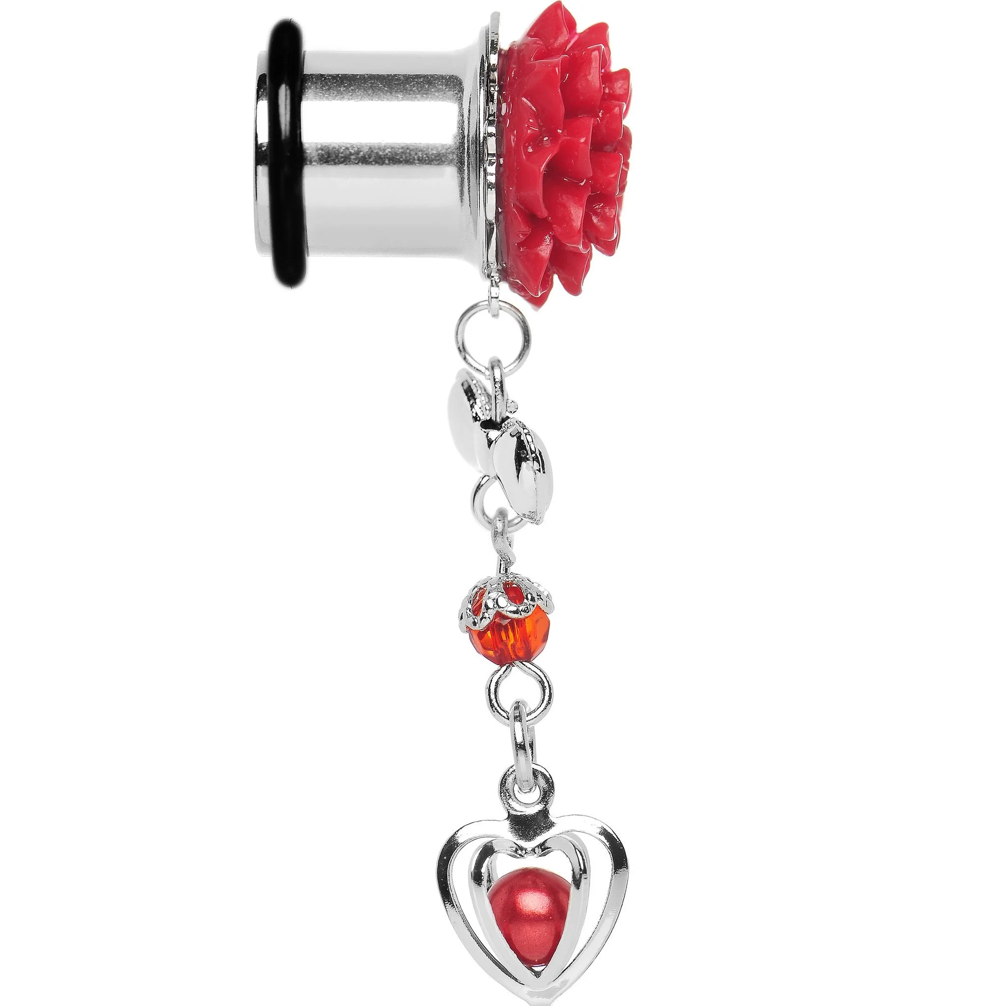 Red Flower Heart to Heart Dangle Plug Sizes 5mm to 00G - Image 3