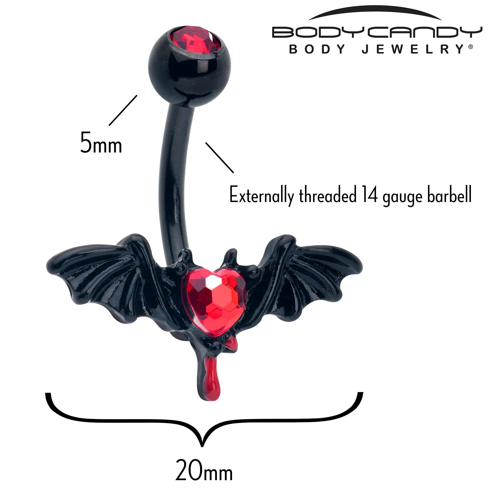 Red Gem Black Bleeding Heart Bat Belly Ring - Image 2