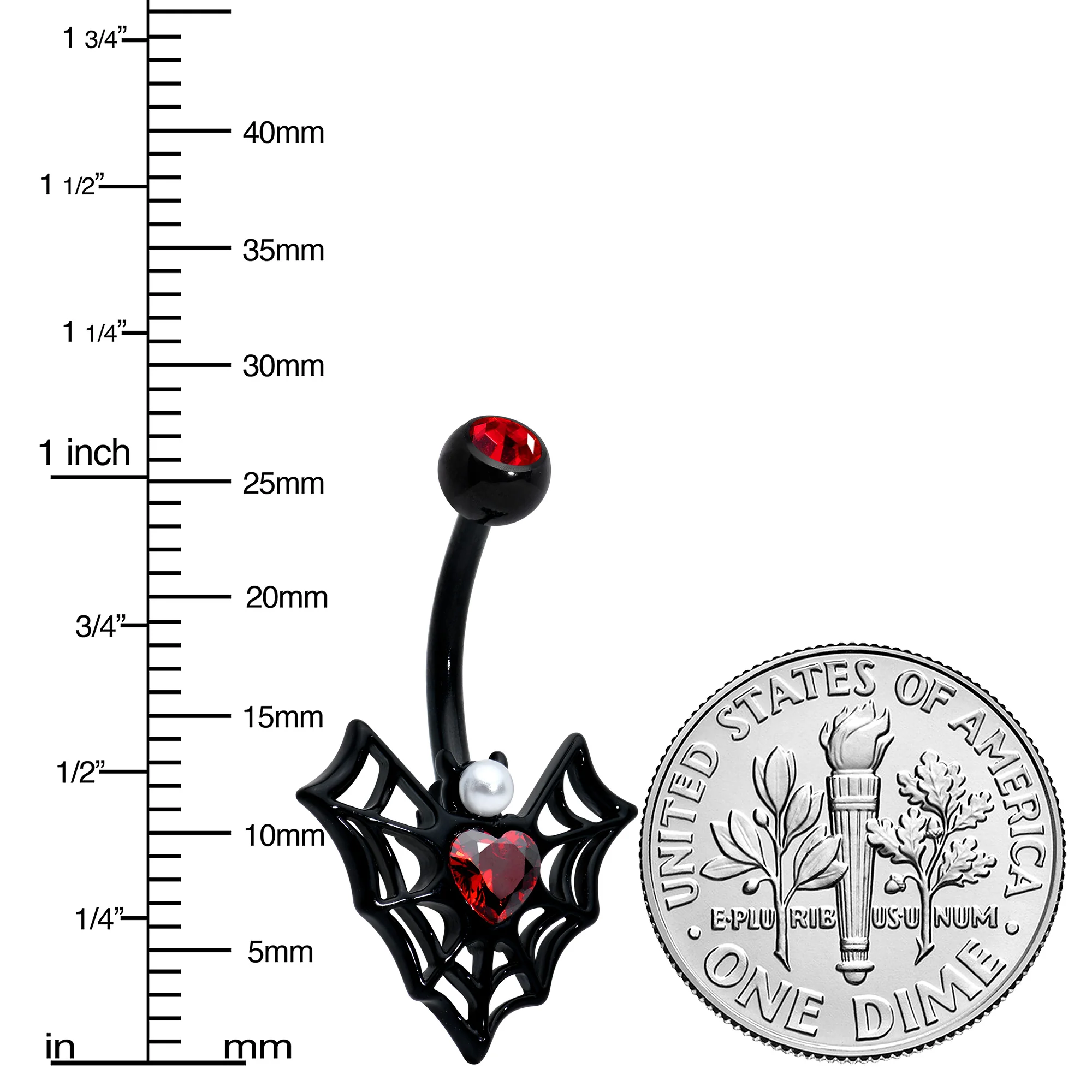 Red Gem Black Gothic Bat Heart Belly Ring - Image 3