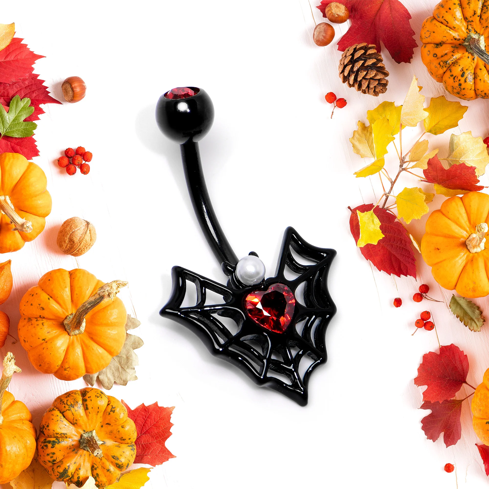 Red Gem Black Gothic Bat Heart Belly Ring - Image 4
