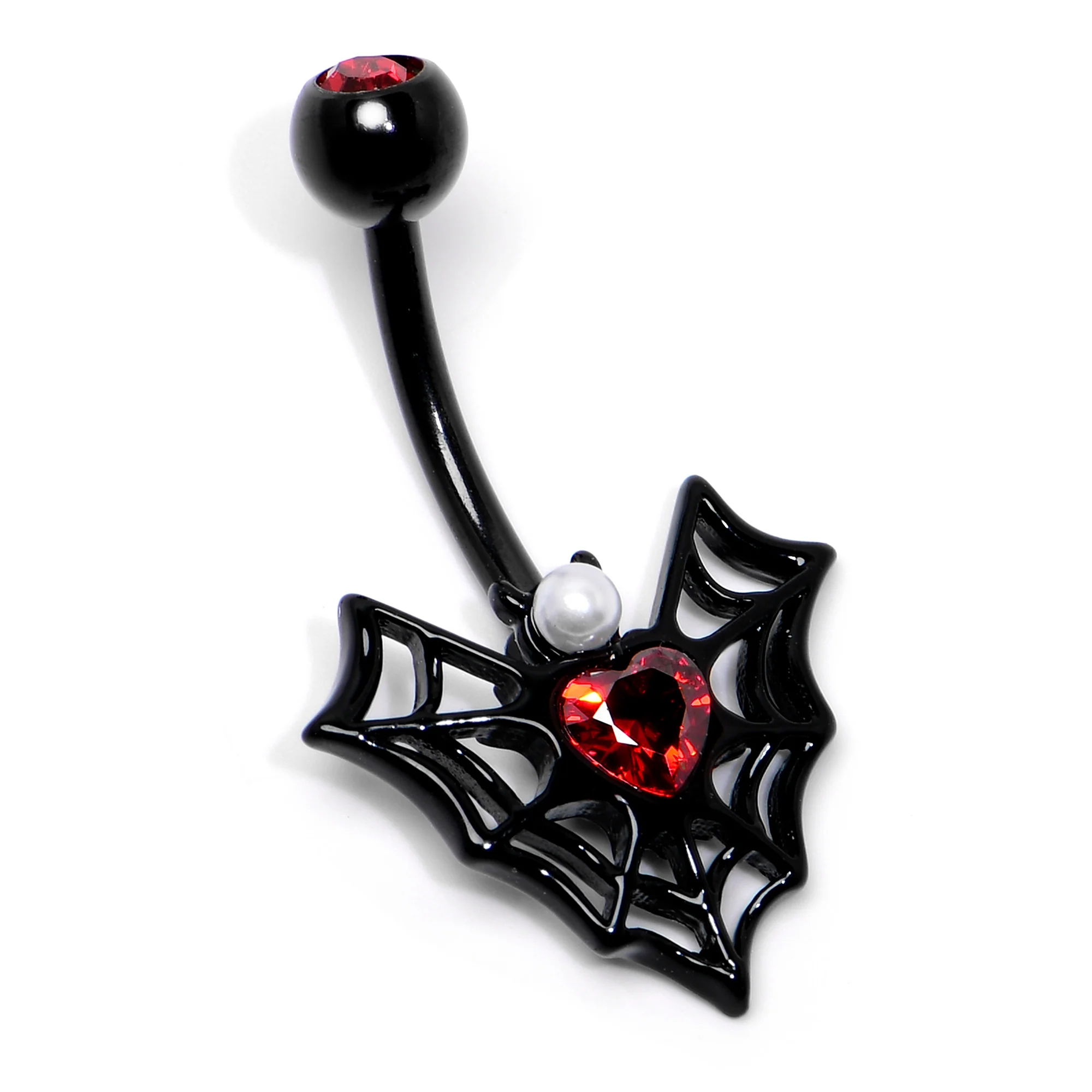 Red Gem Black Gothic Bat Heart Belly Ring - Image 5