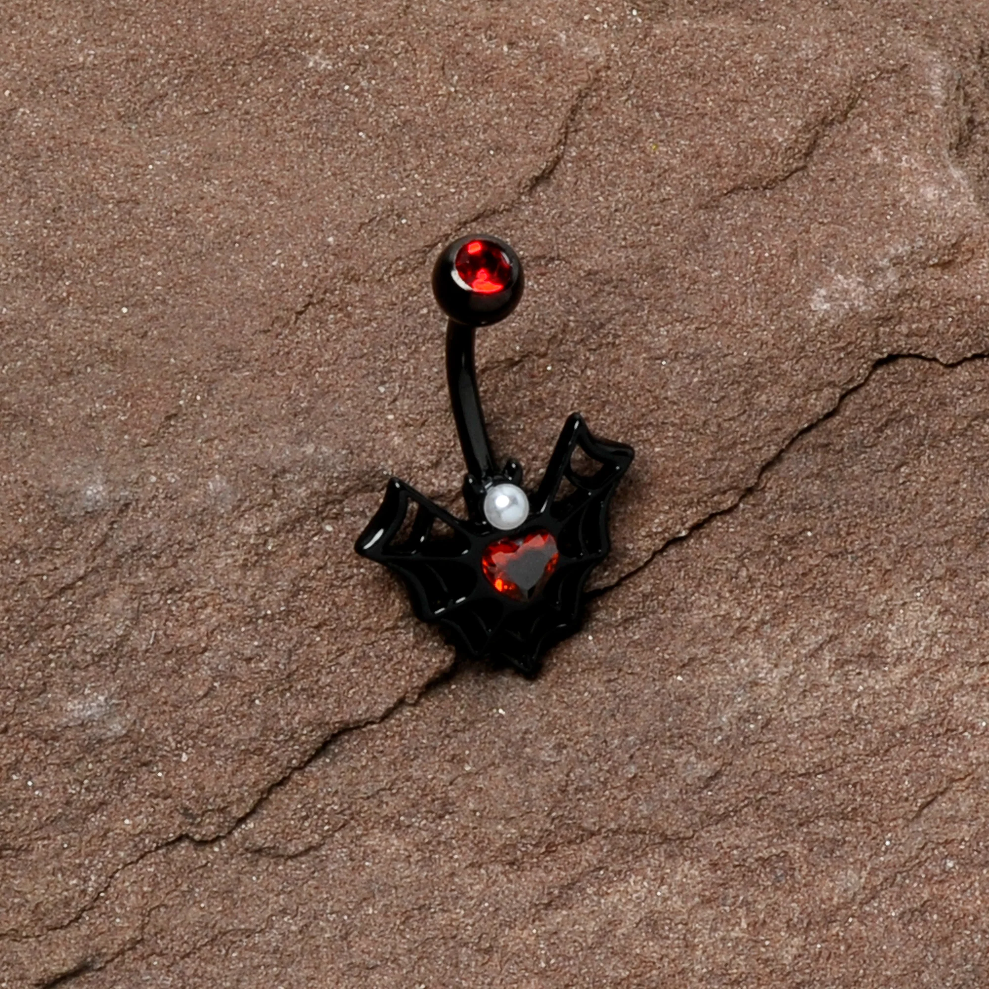 Red Gem Black Gothic Bat Heart Belly Ring - Image 7