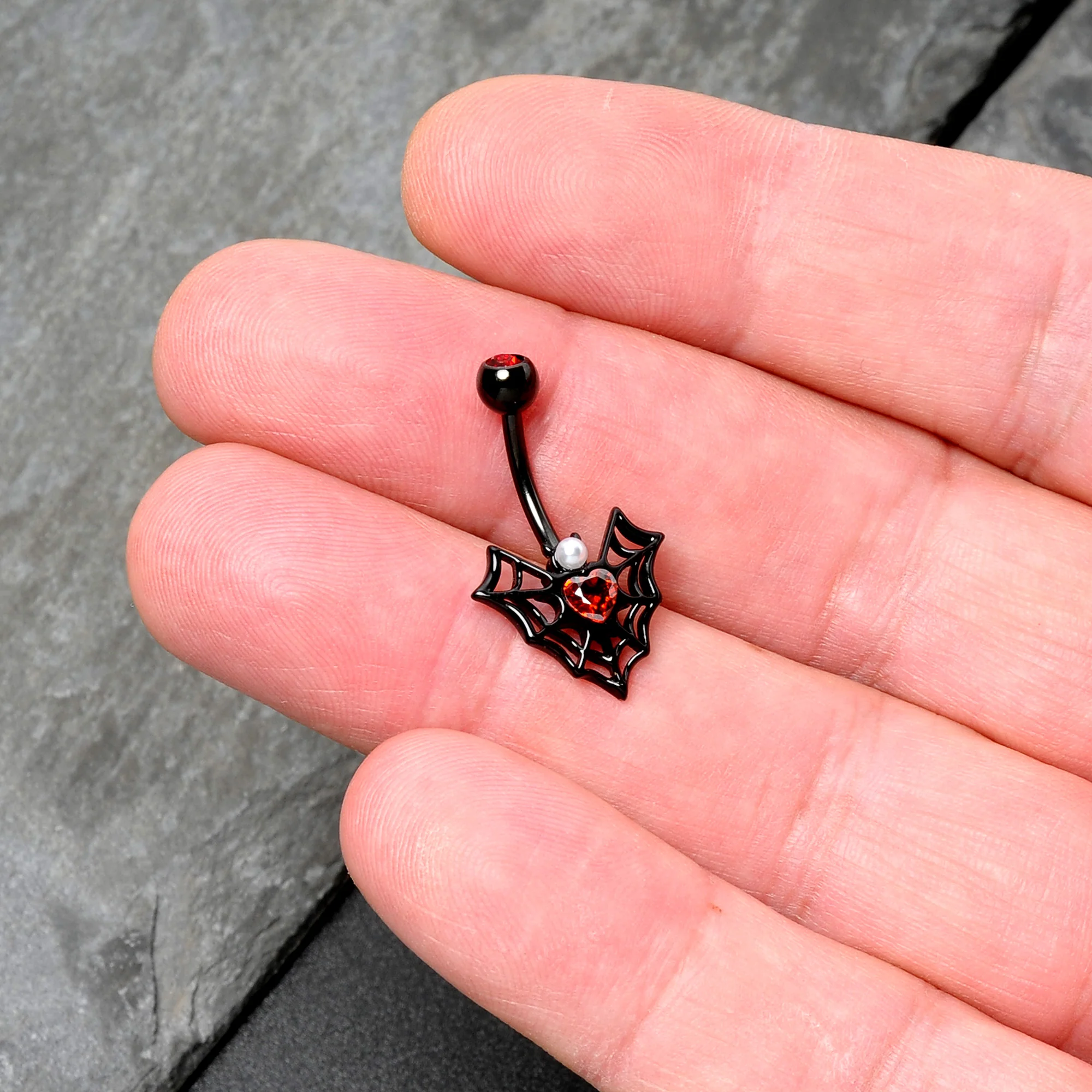Red Gem Black Gothic Bat Heart Belly Ring - Image 8