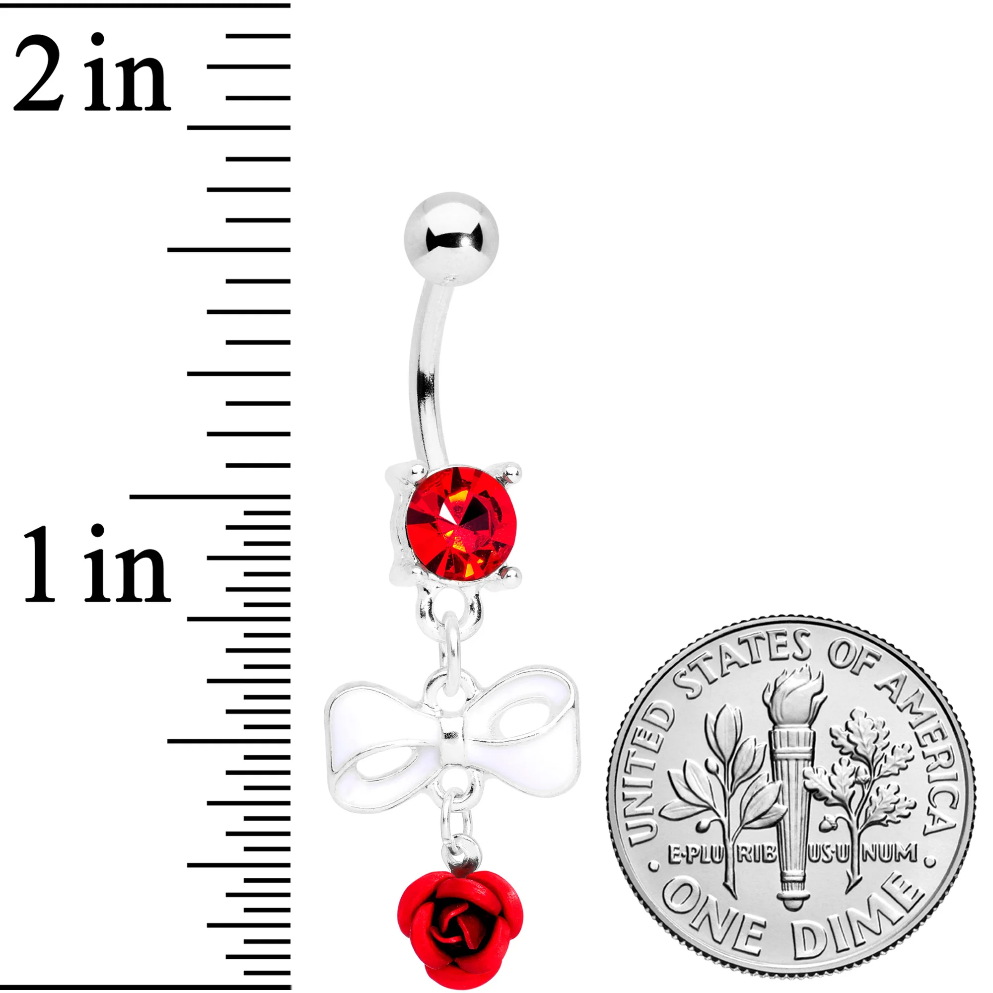 Red Gem Bow Rose Flower Dangle Belly Ring - Image 3