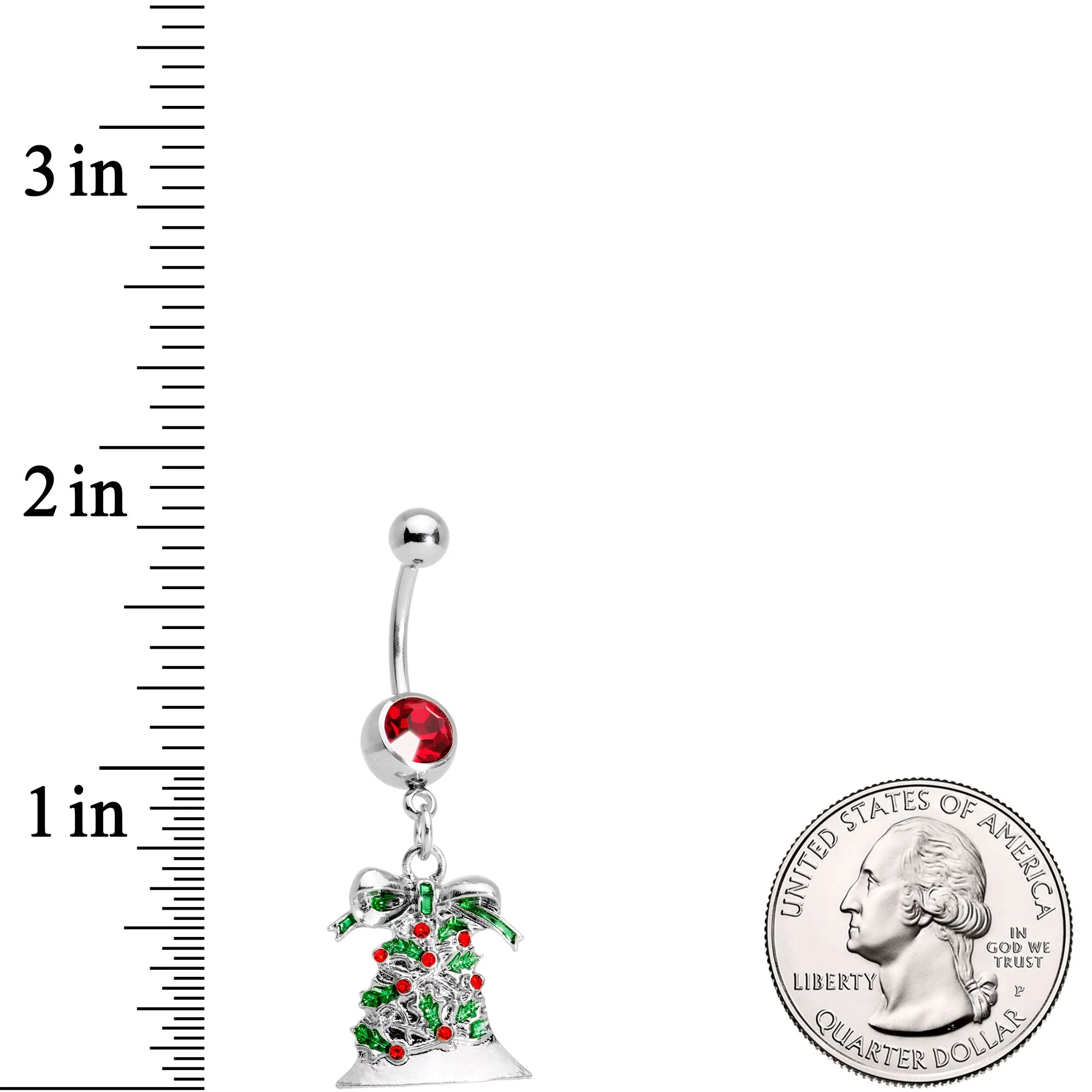 Red Gem Christmas Season Holiday Bell Dangle Belly Ring - Image 2