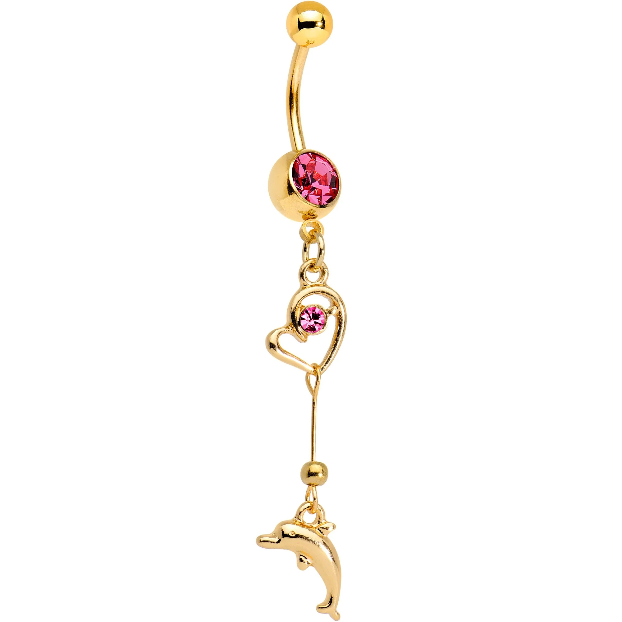 Red Gem Gold Plated Dolphin in Love Dangle Belly Ring