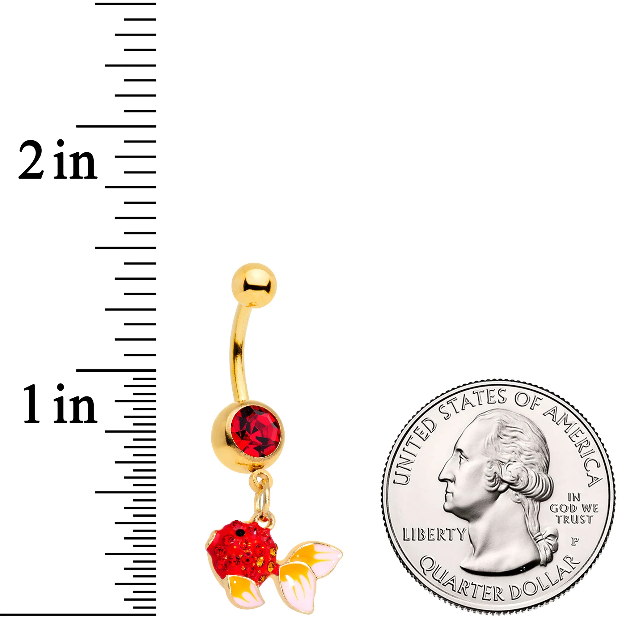 Red Gem Gold Tone Blowfish Dangle Belly Ring - Image 2