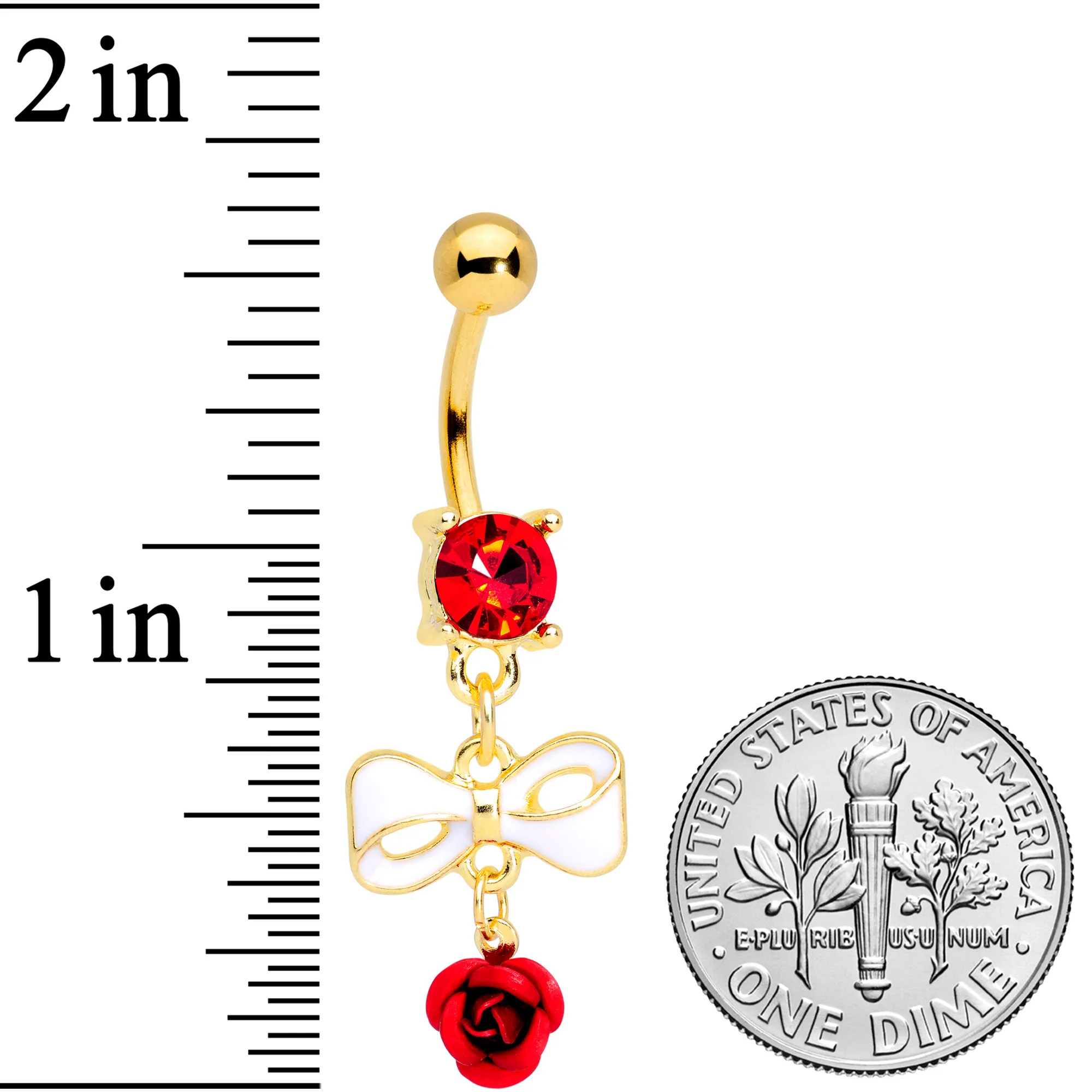 Red Gem Gold Tone Bow Rose Flower Dangle Belly Ring - Image 3