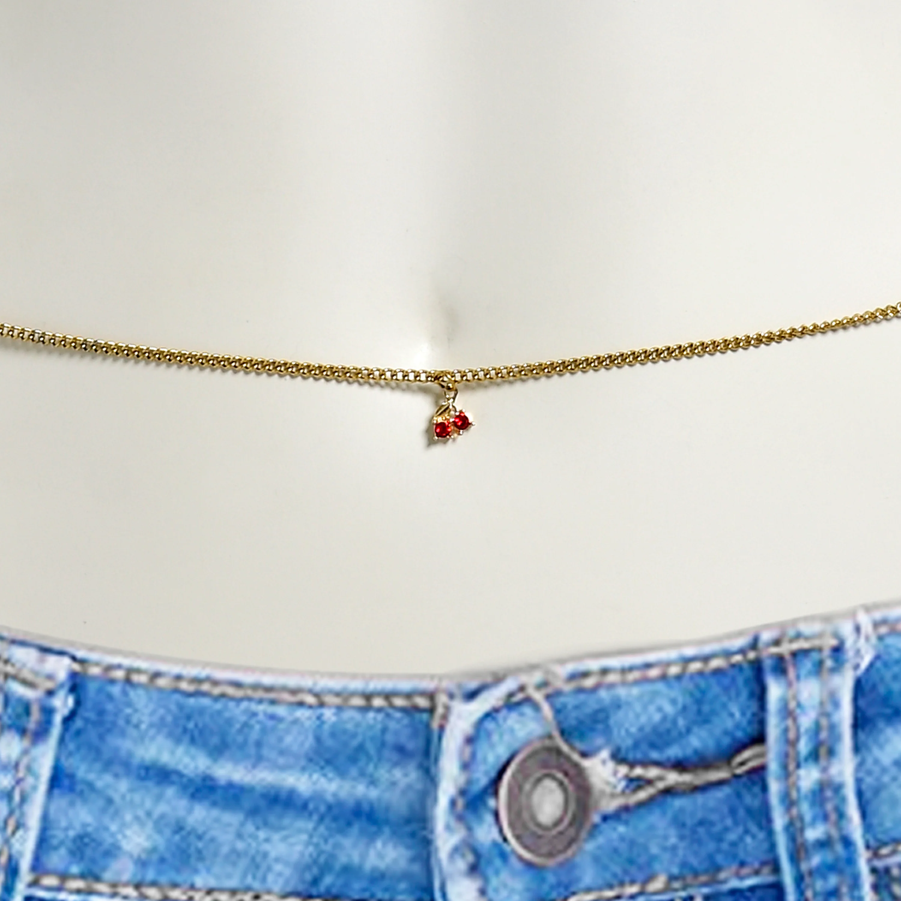 Red Gem Gold Tone Cherry Sweet Dangle Belly Chain - Image 2