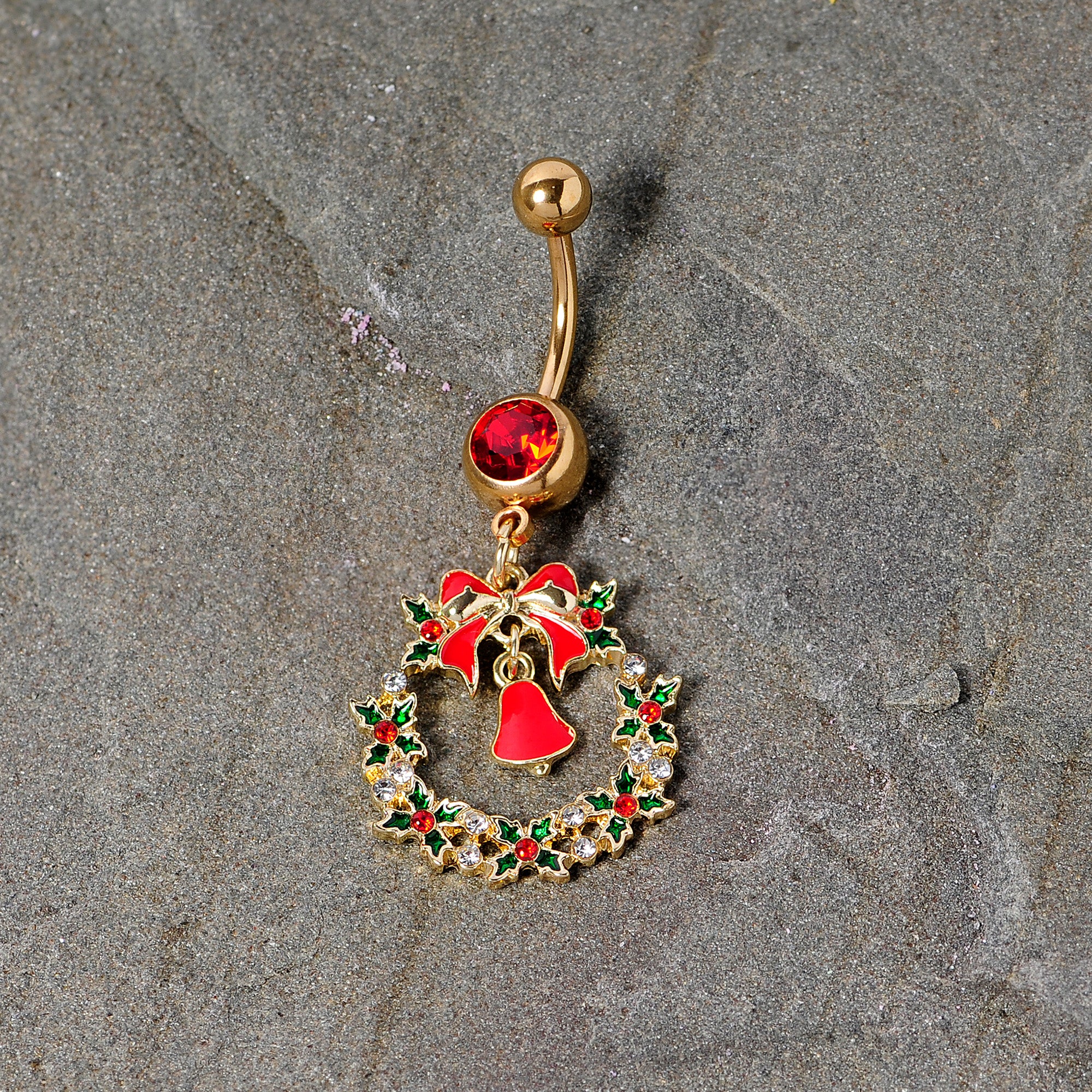 Red Gem Gold Tone Holiday Bell Wreath Christmas Dangle Belly Ring - Image 2