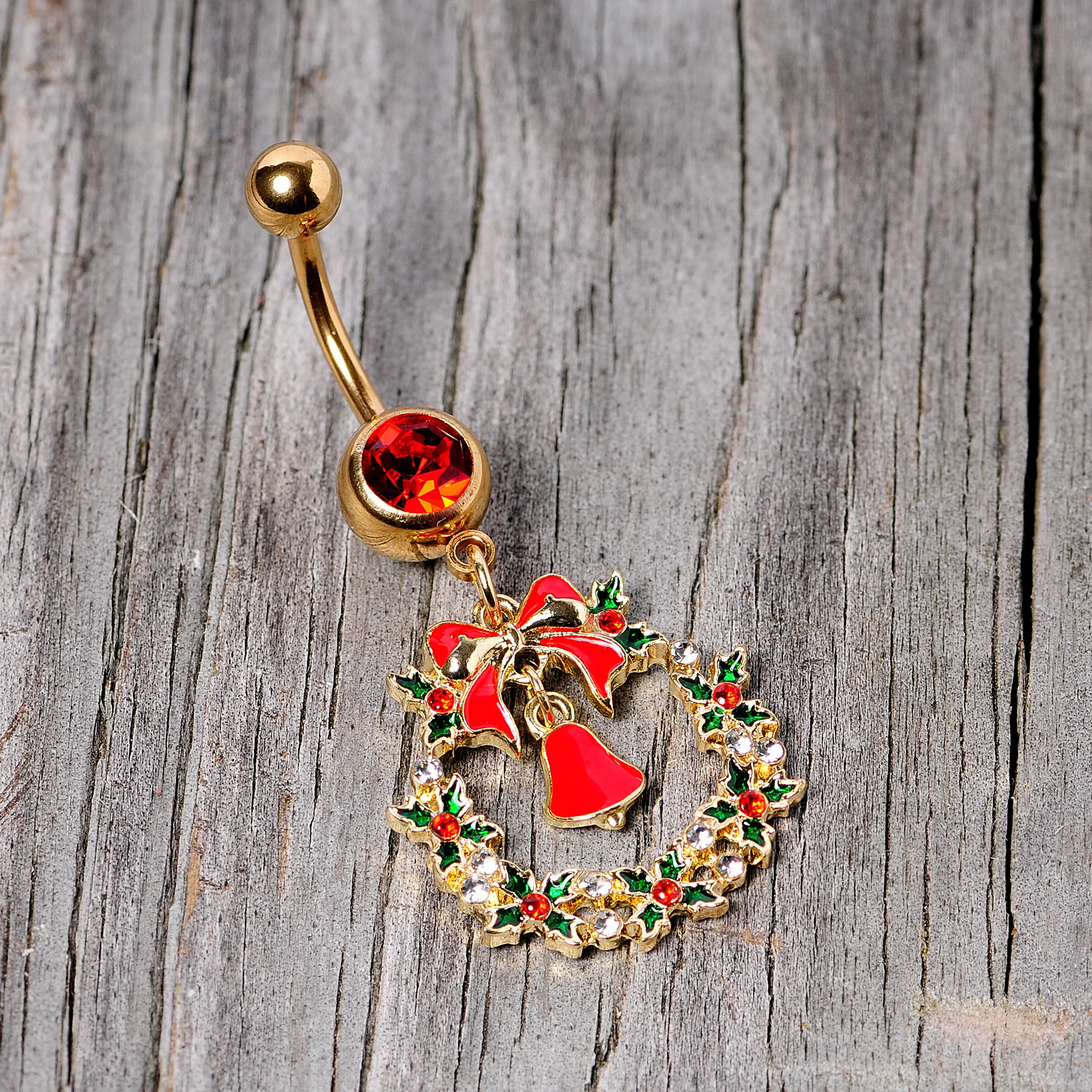 Red Gem Gold Tone Holiday Bell Wreath Christmas Dangle Belly Ring - Image 3